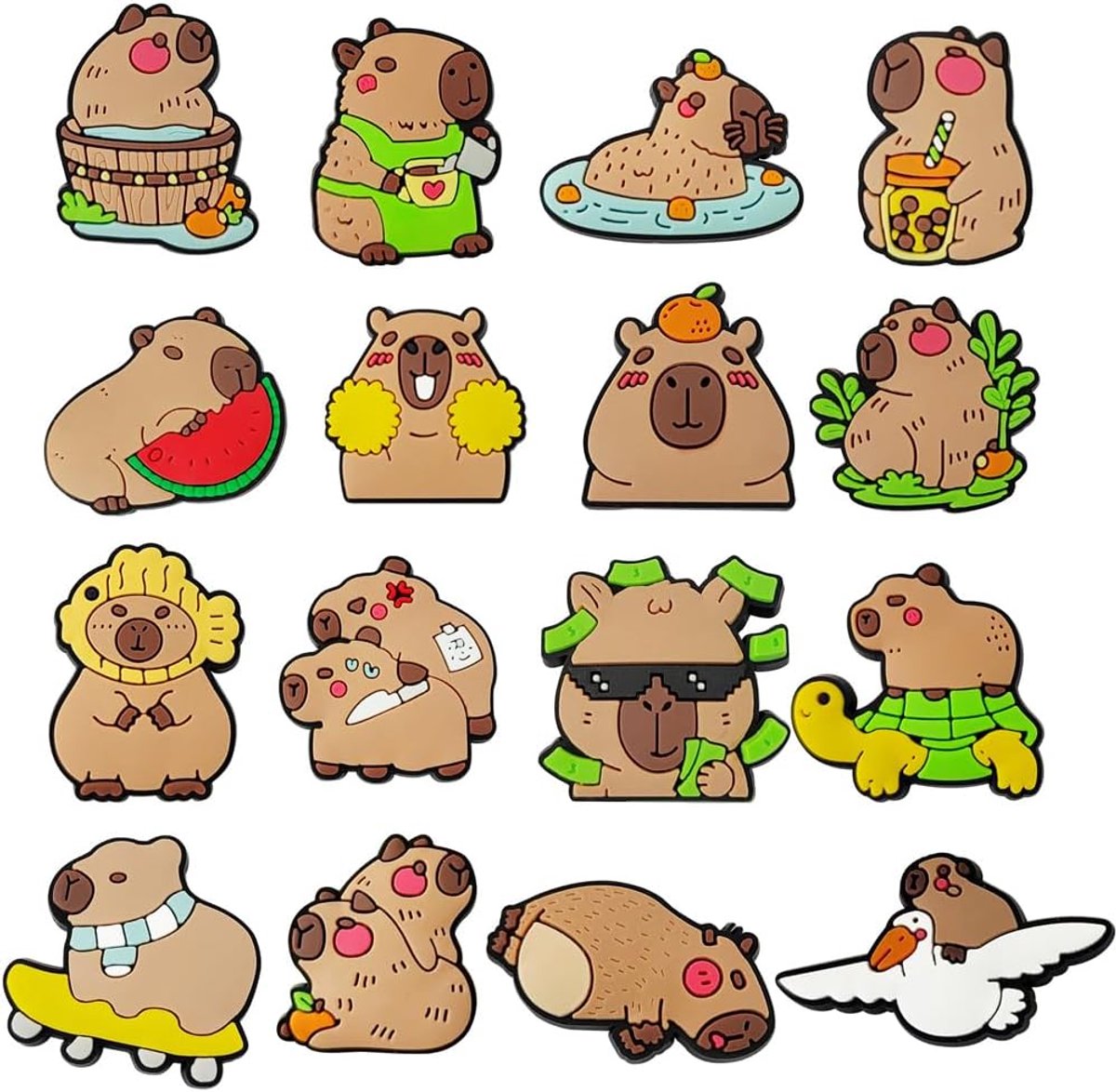 Capybara schoenbedel, Capybara schoensteker, cartoon, schoensieraad, kinderen, doe-het-zelf schoenbedels, knopen, schoenaccessoires, pvc, schoendecoratie, 16 stuks
