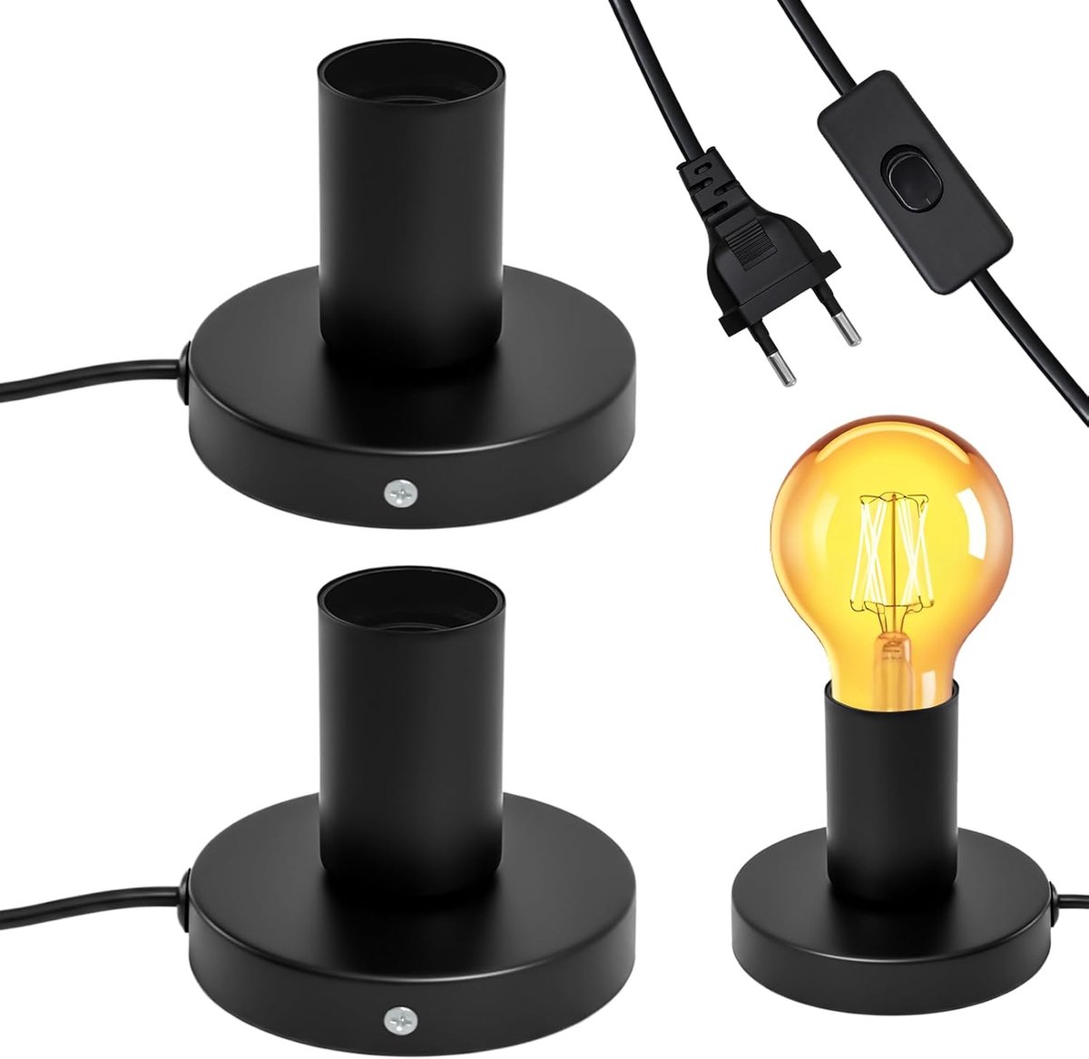 2 stuks bureaulamp, lampfitting E27, vintage tafellamp met kabelschakelaar, lampfitting E27 met 1,8 m netsnoer, voor slaapkamer, woonkamer, kantoor, EU-stekker, zwart