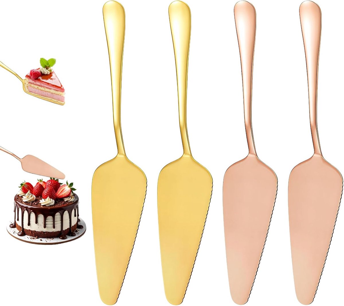 4 stuks gepolijst roestvrij staal taartschep set, gouden cake taartschep, gouden bruiloftstaartschep, taartschep set met gekartelde randen, gouden taartschep voor bruiloft, verjaardag, feest