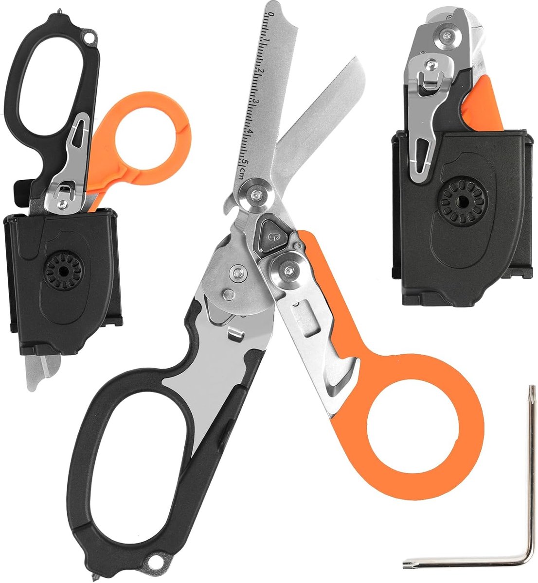 6-in-1 EHBOschaar met tactische holster, tactische droomschaar met gordelsnijder en glasbreker, noodschaar van roestvrij staal, klapschaar voor medische uitrusting (Zwart en oranje met holster)