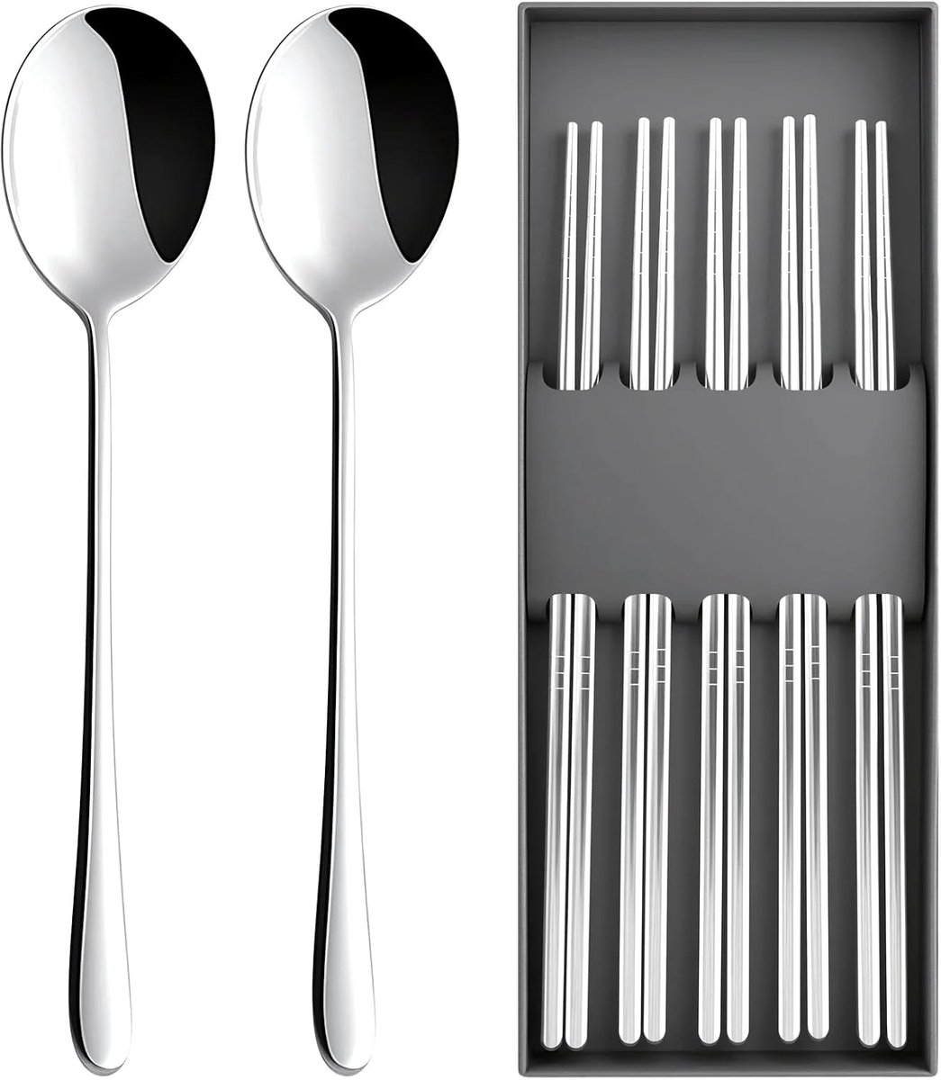 Eetstokjes met 2 roestvrijstalen lepels, Japanse sushi-stokjes, cadeauset, Koreaans metaal om te eten, chopsticks, herbruikbaar, 304 roestvrij stalen eetstokjes, voor thuis, restaurant