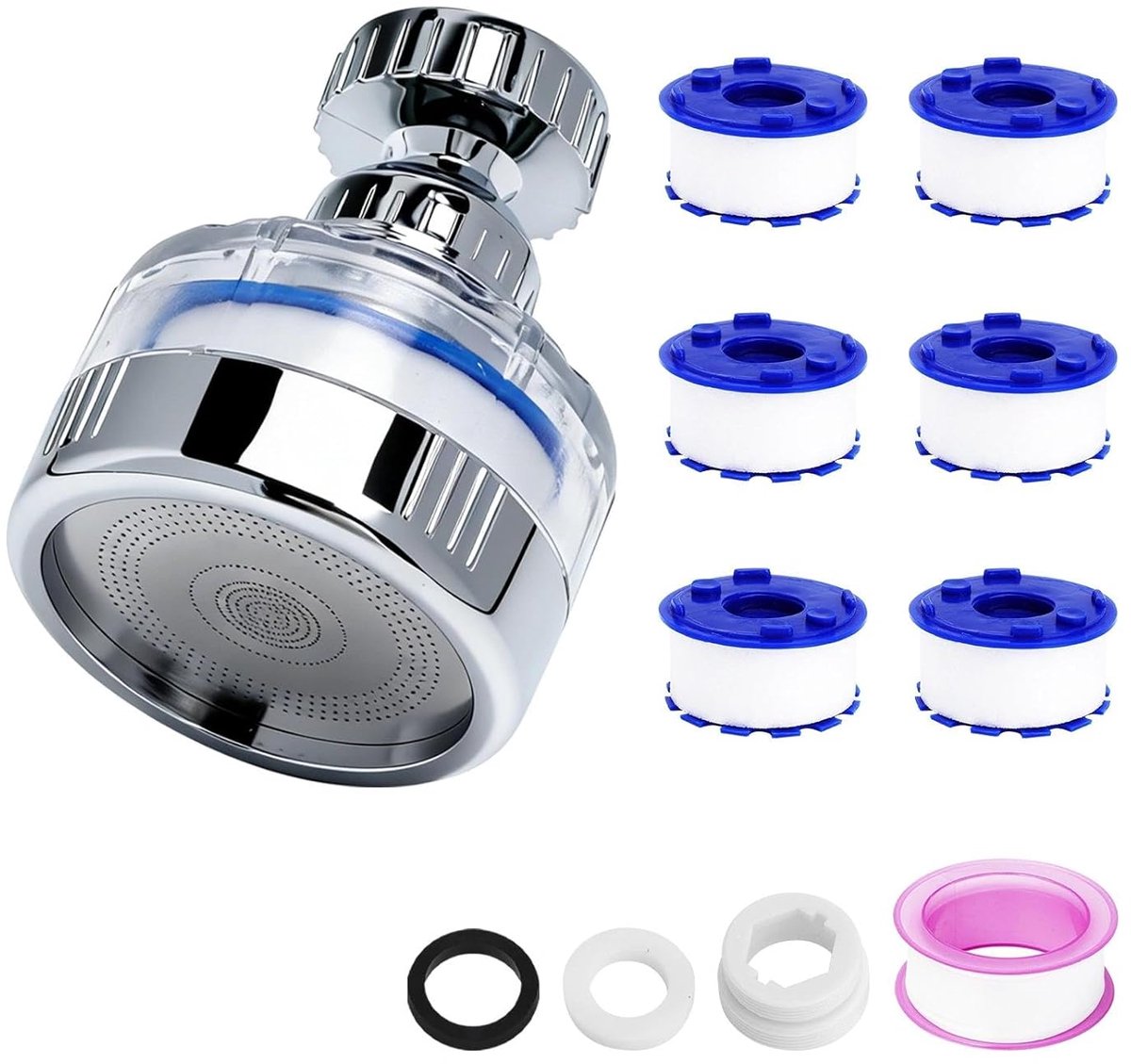 kraan ontkalker opzetstuk 360° draaibare sproeikop, PTFE-band | Universeel kalkfilter, waterkraanfilter, met 6 katoenen filterelementen, geschikt voor gootsteen, keuken, thuis, badkamer