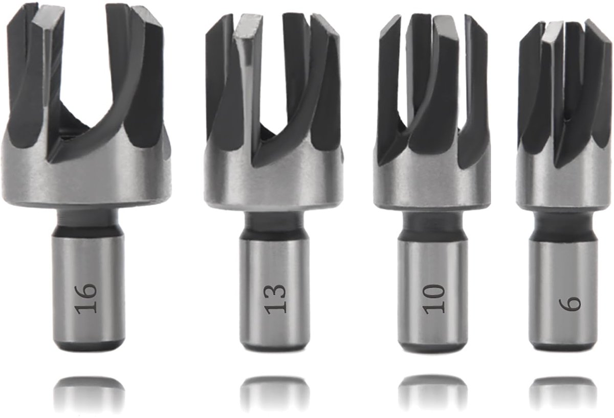 4 Stuks 6/10/13/16 mm Standaard Houtplug Cutter Set, Ronde Schacht Koolstofstaal Tenon Boor Bits Set, voor Houtbewerking Gatenzaag Snijden