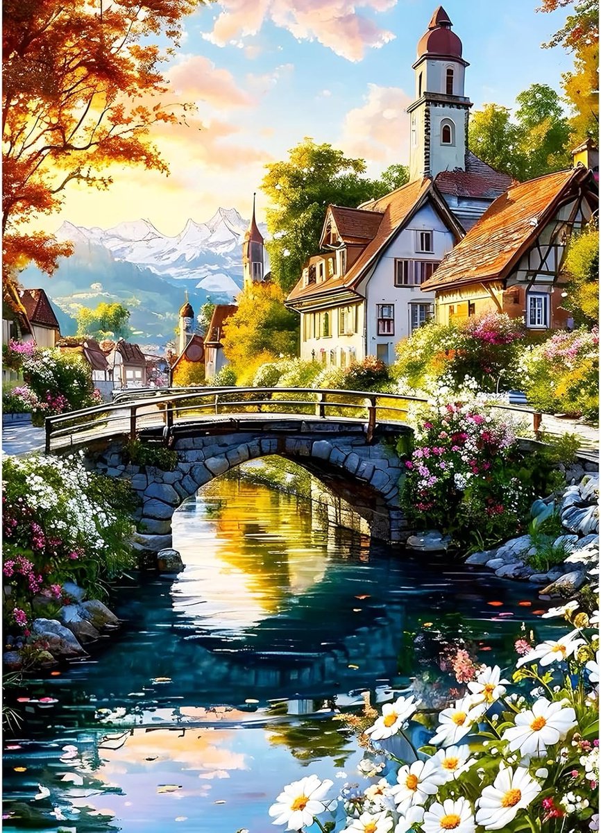 Kerk Diamond Painting Kits Volwassenen, 5D Rivier Brug Diamant Kunst Beelden Beginners, DIY Ronde Volle Gaatjes Wilde Bloemen Diamanten Schilderij Borduurwerk Geschenken Thuis Muur Decor 30x40