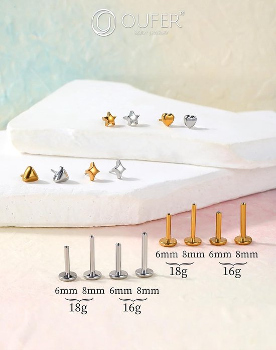 Body Piercing Lip Piercing Jewellery 18G/16G Labret Stud Titanium Helix Earrings Threadless Tragus Bar Push in 6/8mm Cartilage Flat Back Earring Conch Piercings Jewelry — afbeelding 3