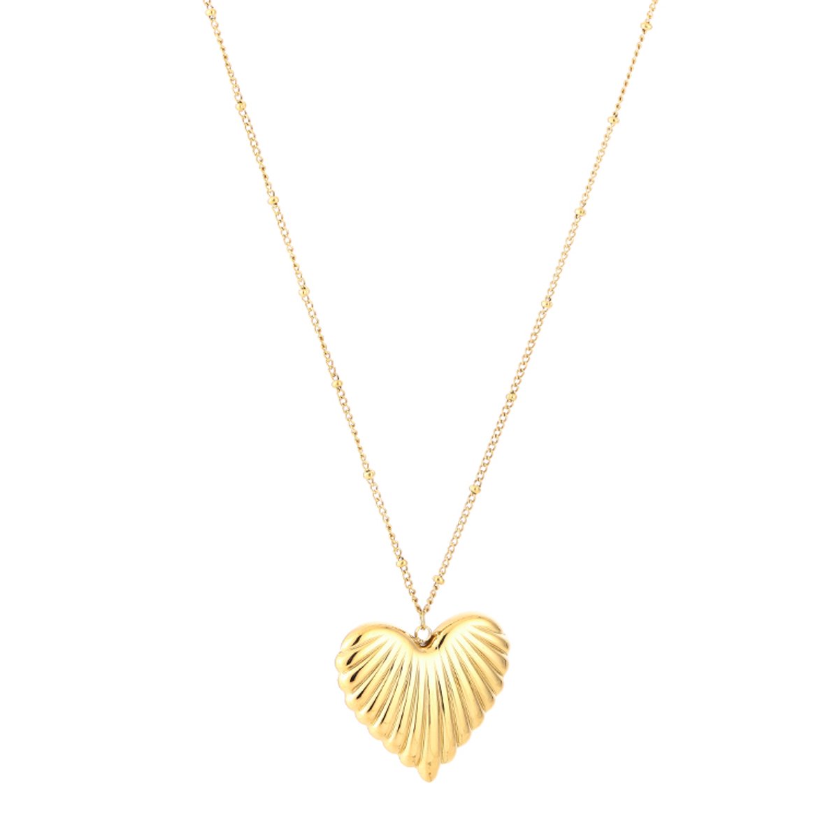 Ribbed Puffed Heart Satellite Long Chain Necklace – Luxe 80 CM Lange Ketting met Hart – RVS - Goud