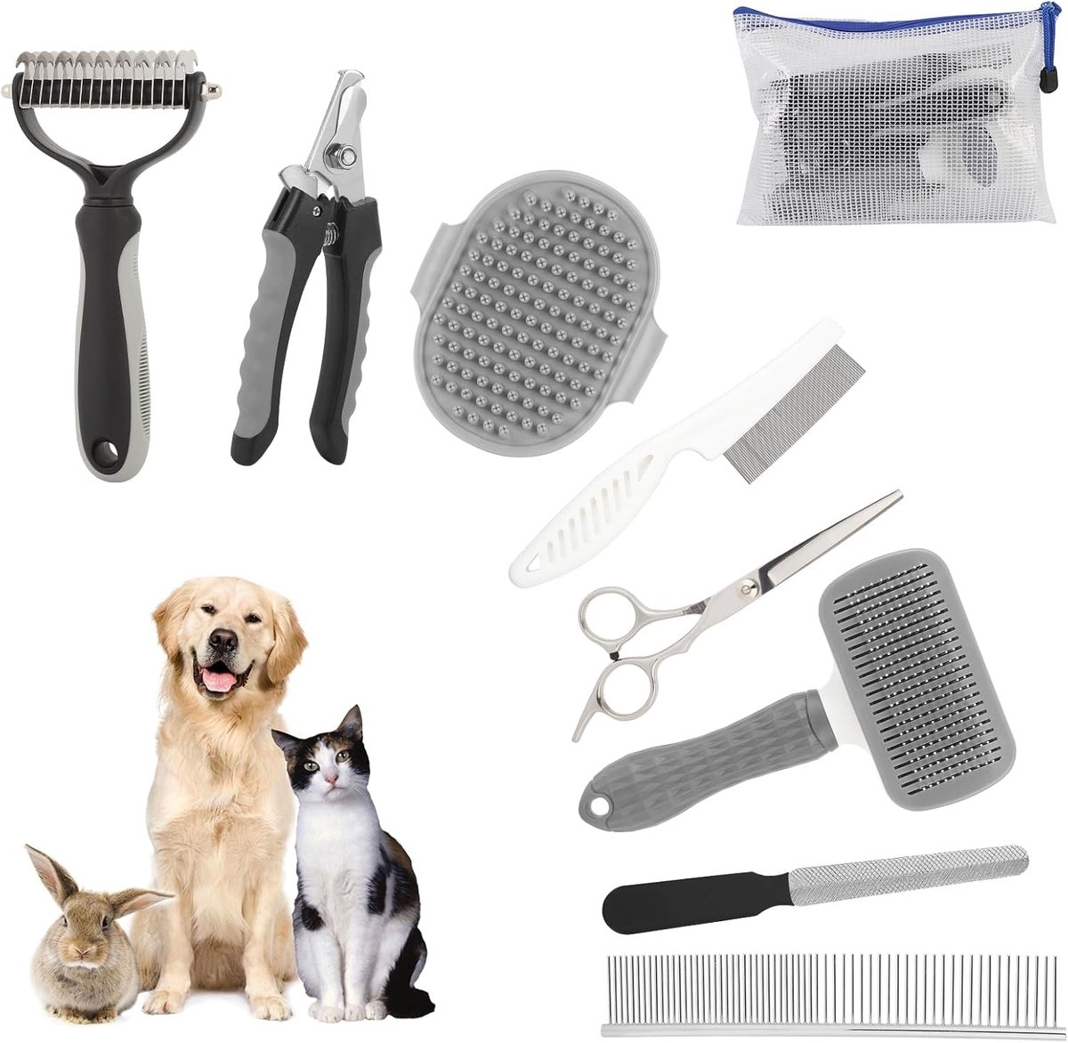 9-delige vachtverzorgingsset voor huisdieren, zelfreinigend, ontharing, professioneel, multifunctioneel, voor honden en katten (grijs)