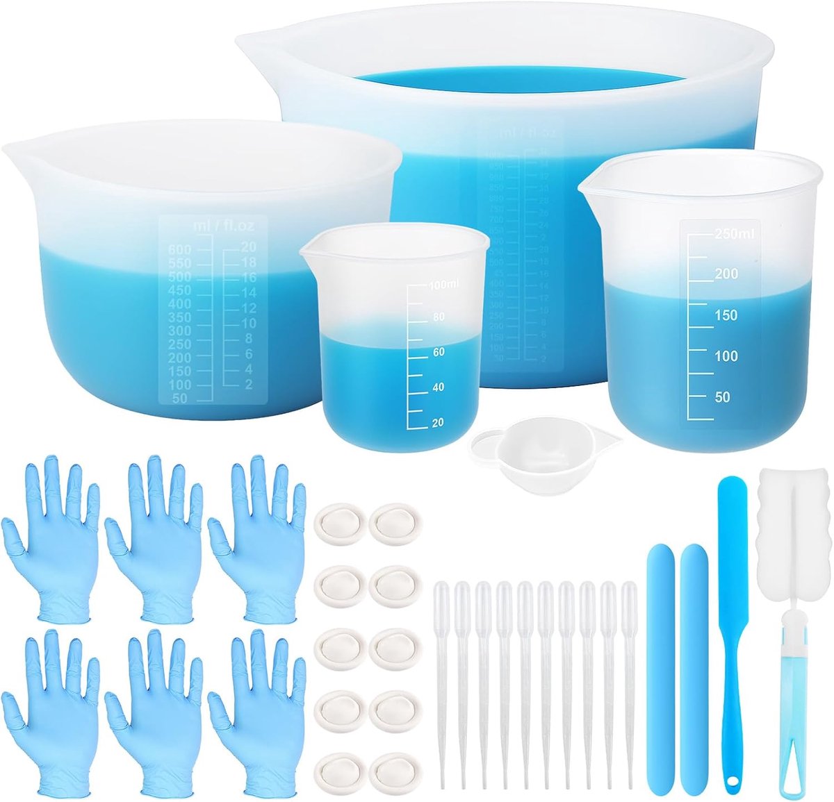 Maatbekerset, 2 Schalen 1000/600/250/100 ml Siliconen Bekers om te Gieten, Set met Diverse Accessoires voor Epoxyhars, Gietvormen, Doe-het-zelf en Knutselen