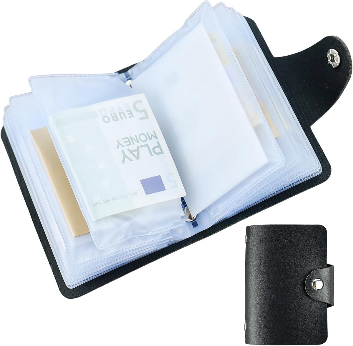 1 stuk (24 kaarten zwart lederen kaartetui, echt lederen kaartenetui, creditcardhouder dames heren, zwart, Medium, Casual
