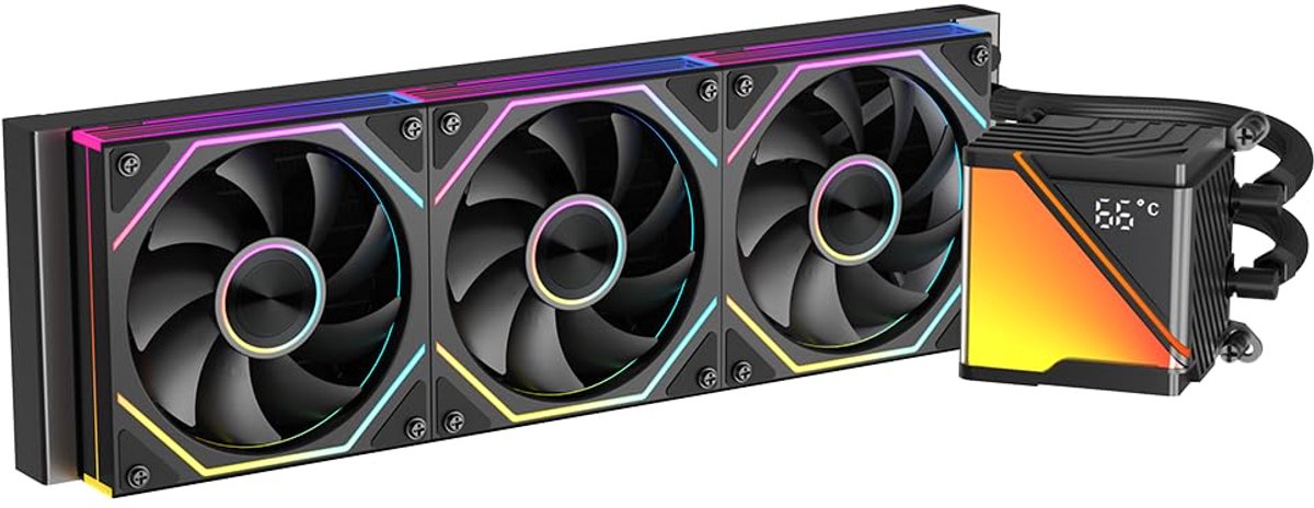 SR360-RS CPU Aio Water Cooling 360 mm with Temperature Display, 80 x 80 mm Jelly Design Large Cold Head, for LGA115X/1200/1700/1366/2011/2066, for AM3/AM3+/AM4/AM5 (BK)