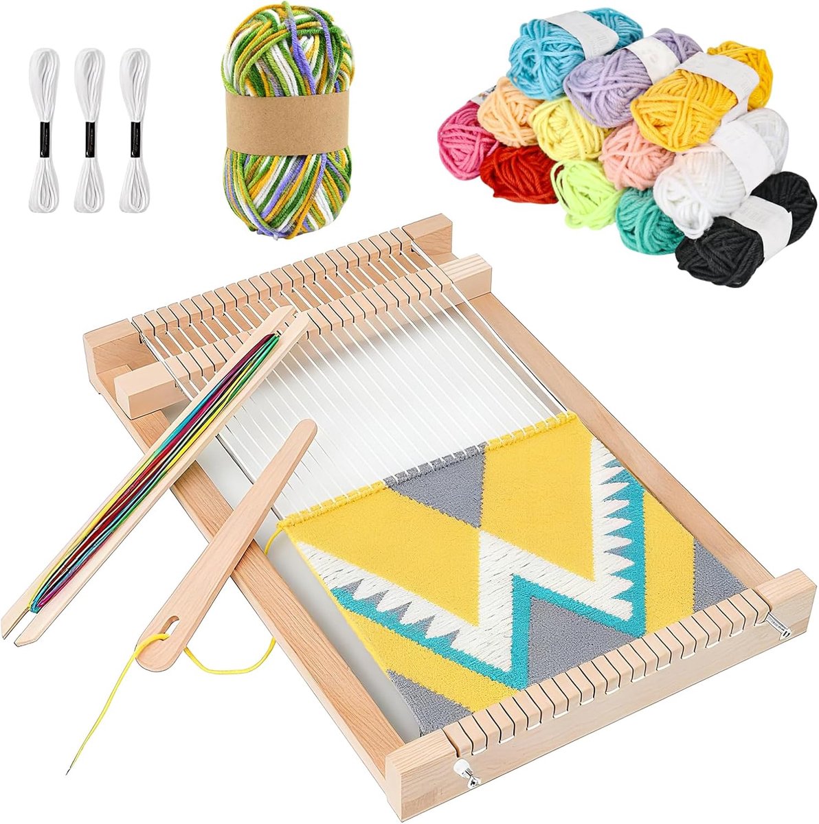 Weefframe voor kinderen vanaf 6 jaar, houten weefstoelset, weefframe voor kinderen van 4 tot 12, creatief doe-het-zelf weven, incl. breiframe met accessoires, 12 kleuren van 50 m garen om te