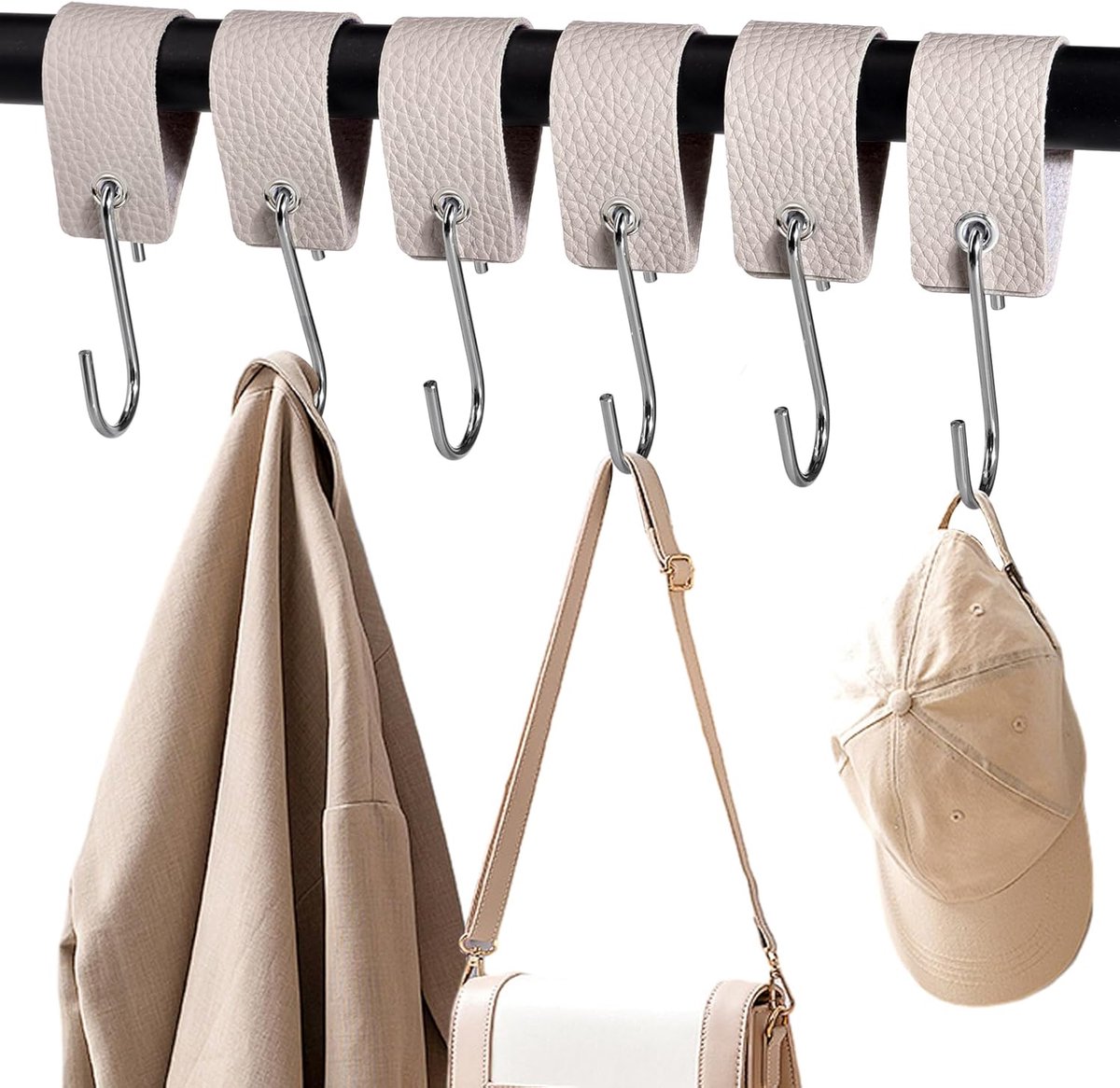 6 stuks S-vormige kledinghaken van metaal met lederen lus, haken voor keuken, badkamer, kinderwagen voor garderobe en camping (grijs)
