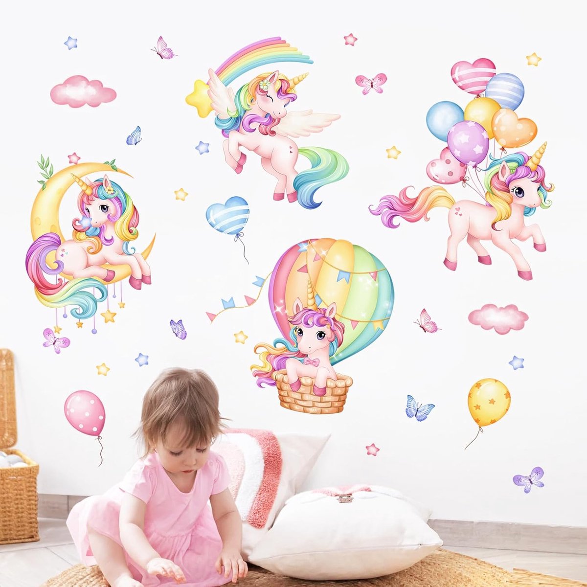 Regenboog Muur Stickers Heteluchtballon Maan Wolken Sterren Muurstickers Baby Kamer Meisjes Slaapkamer Kinderkamer Muur Decor