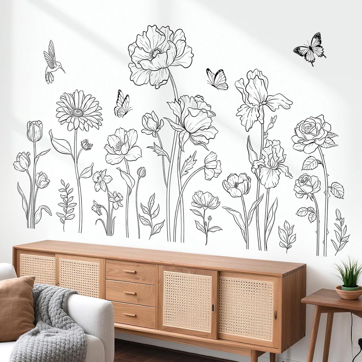 decalmile Zwarte Boho Bloem Eenvoudige Schets Bloemen Muurstickers Stickers