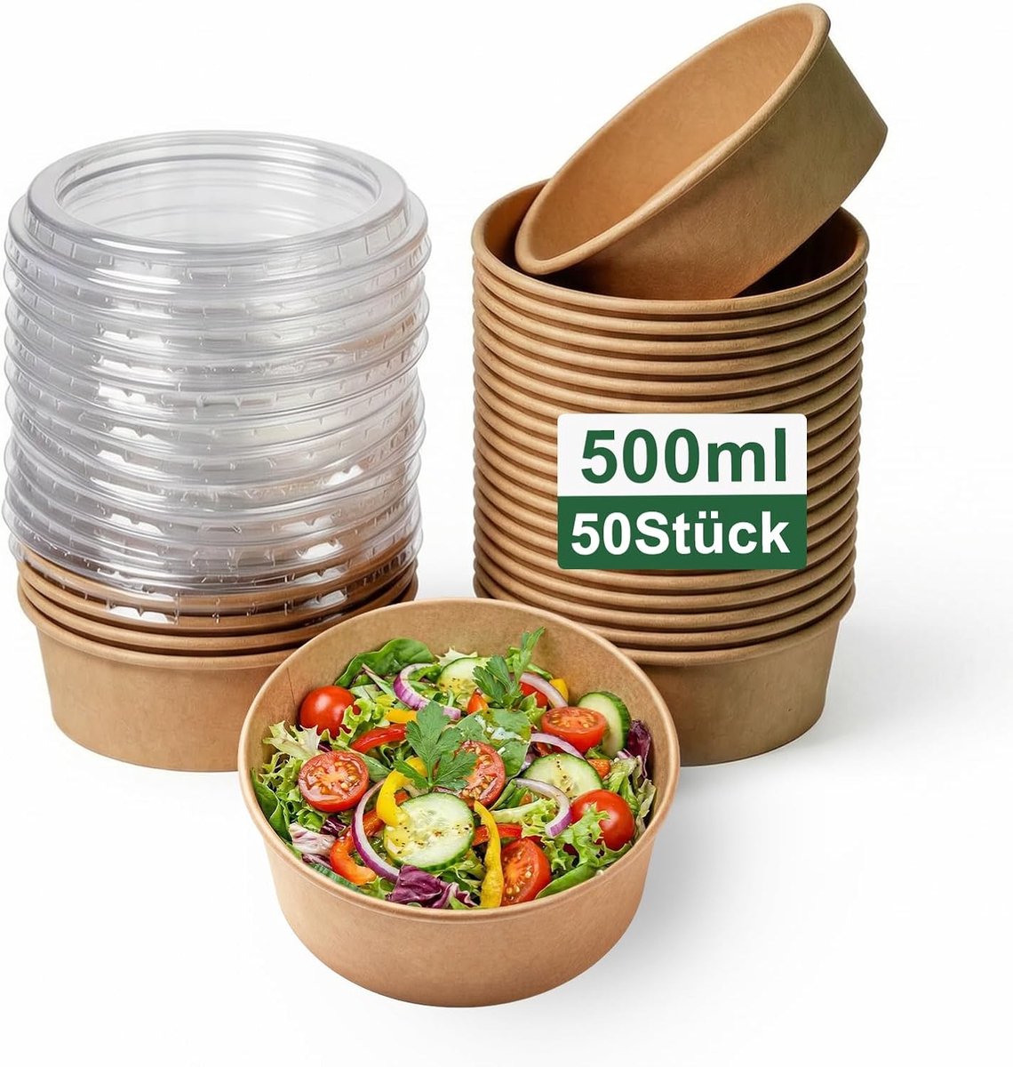 500 ml slakom met deksel, 50 stuks wegwerpvoedselcontainers, wegwerp-slakom voor buffet met waterdicht PET-deksel, perfect voor buffet, picknick en feest