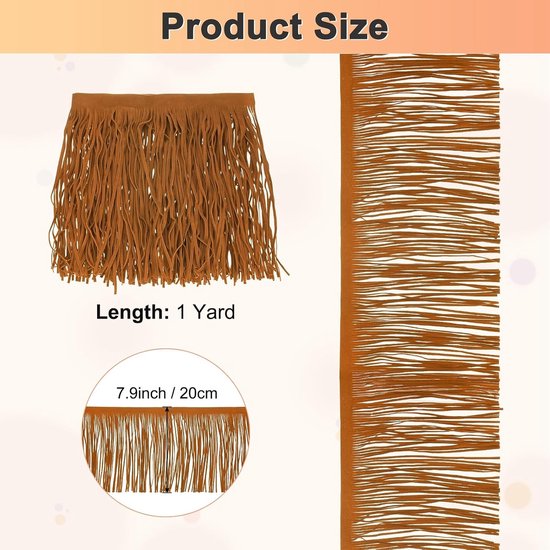 METERXITY PU Lederen Franje Trim, 1 Yard 7,9 Inch Lichtbruin Dubbelzijdig Suède Kwastje Naaien Trim voor DIY Ambacht/Naaien Jurk Kostuum/Tassen Schoen Decoratie, Franje Kwastje — afbeelding 2