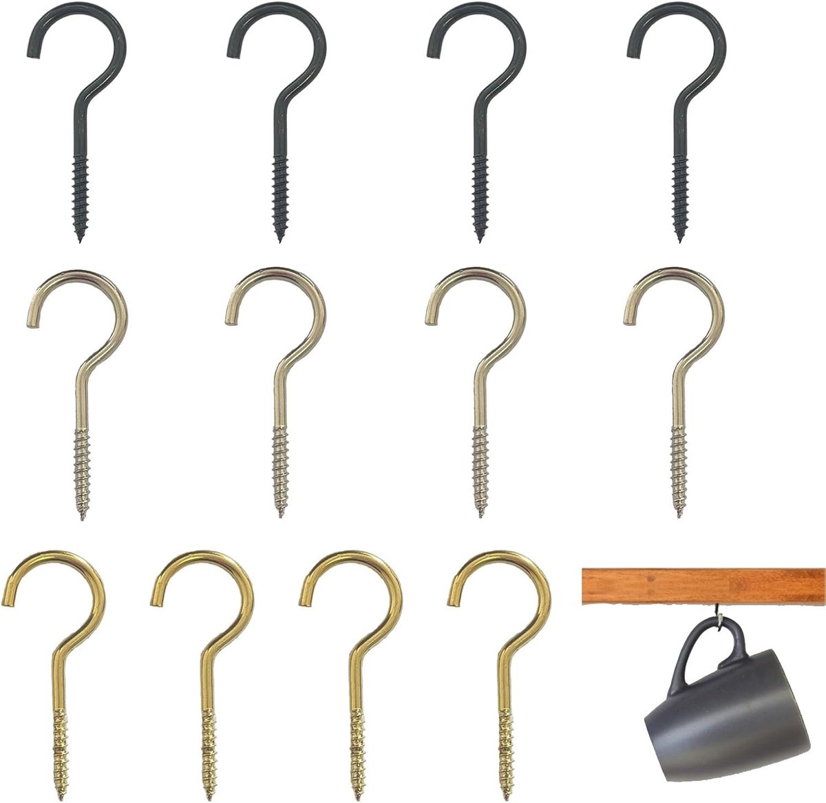 Haken roestvrij staal zwart zilver goud – 12 stuks haakjes 4cm – plafondhaak schroefhaak set voor lampen planten schilderijen decoratie binnenruimte