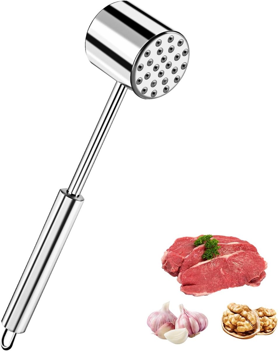 Vleeshamer, 27 cm lang, dubbelzijdige vleeshamer, roestvrij staal, zilverhamer voor keuken, met plat en gekarteld slagoppervlak, voor koteletten, steaks, rundvlees, kip