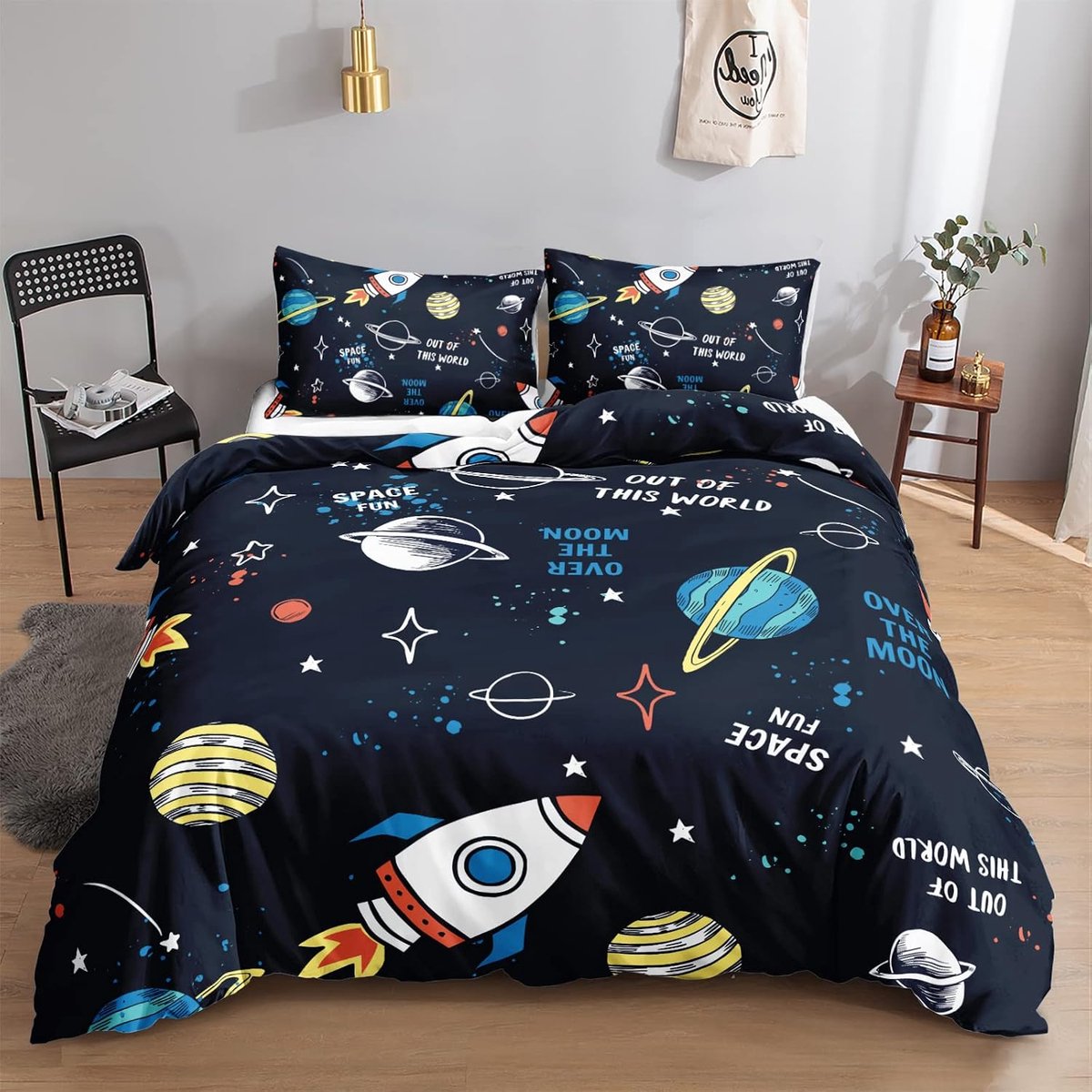 Universum Planet Raket beddengoed 135 x 200 cm, voor kinderen, jongens, tieners, dekbedovertrekset voor eenpersoonsbed, moderne cartoon bedrukte dekbedovertrekken met ritssluiting en kussensloop van 80 x 80 cm