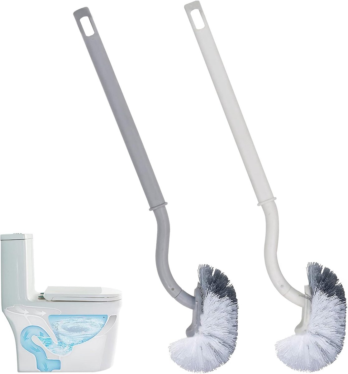 Toiletborstels, wc-borstels met lange handgreep, gebogen wc-borstel, kunststof toiletborstelset met sterke borstelharen voor dieptereiniging, effectieve reiniging van deeën (wit + grijs)