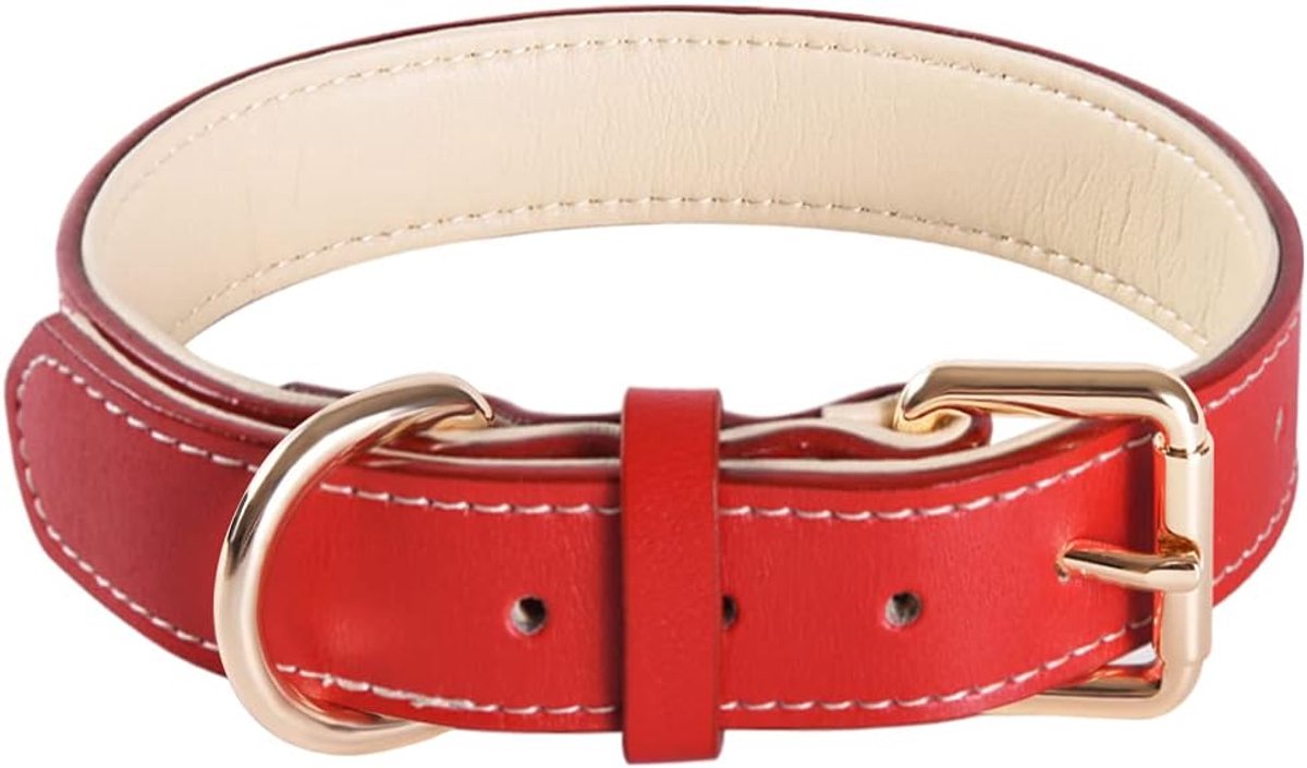 Hondenhalsband van zacht echt leer, verstelbaar, gewatteerd, het beste voor kleine, middelgrote en grote honden (L, rood)