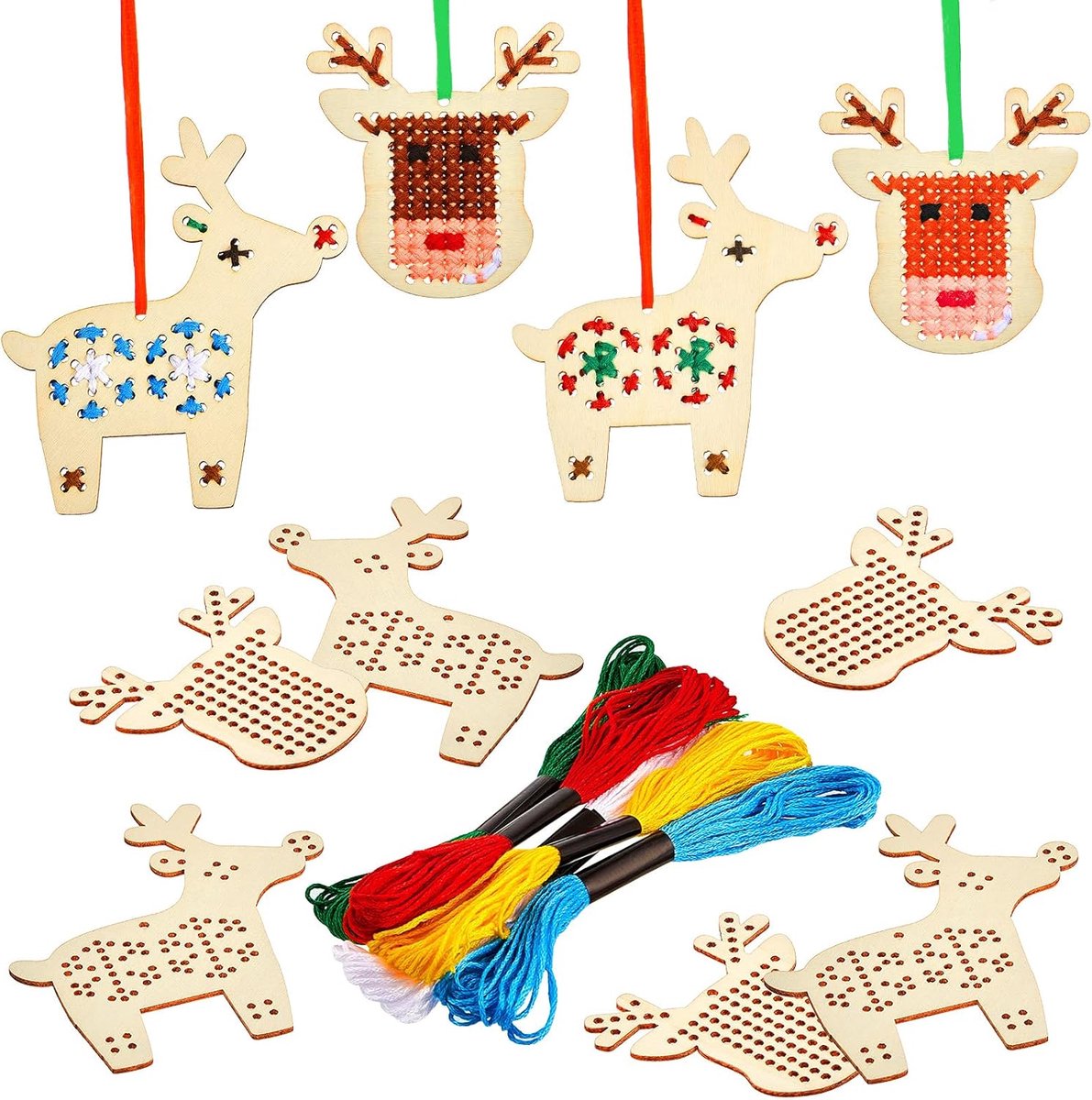 Set van 10 houten kruissteek voor Kerstmis, kruissteek met rendieren, ornamenten voor kerstbomen van hout, Kerst Kerstversiering, kerstdecoratie om op te hangen, kerstdecoratie voor kerstaccessoires