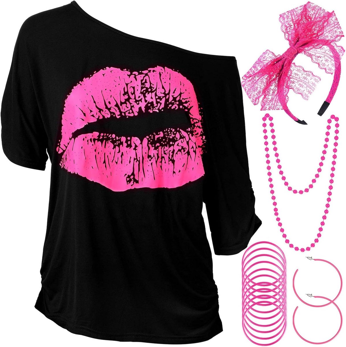jaren 80 Kostuum Accessoires Set, Lips Print T-Shirt Kant Hoofdband Oorbellen Ketting Armband voor 80s Thema Party (Rose Red, L)