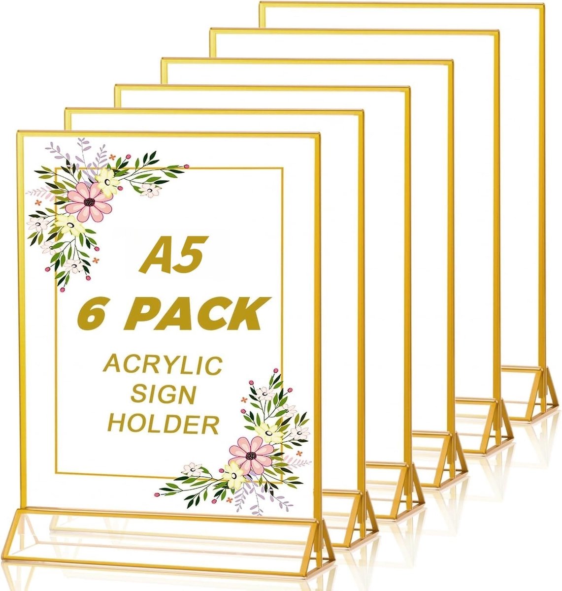 6 stuks A5 doorzichtige acrylbordhouder met gouden rand, 15 cm x 21 cm dubbelzijdige tafelmenuhouders, fotolijsten met verticale standaard voor bruiloftstafelnummers, restaurantborden