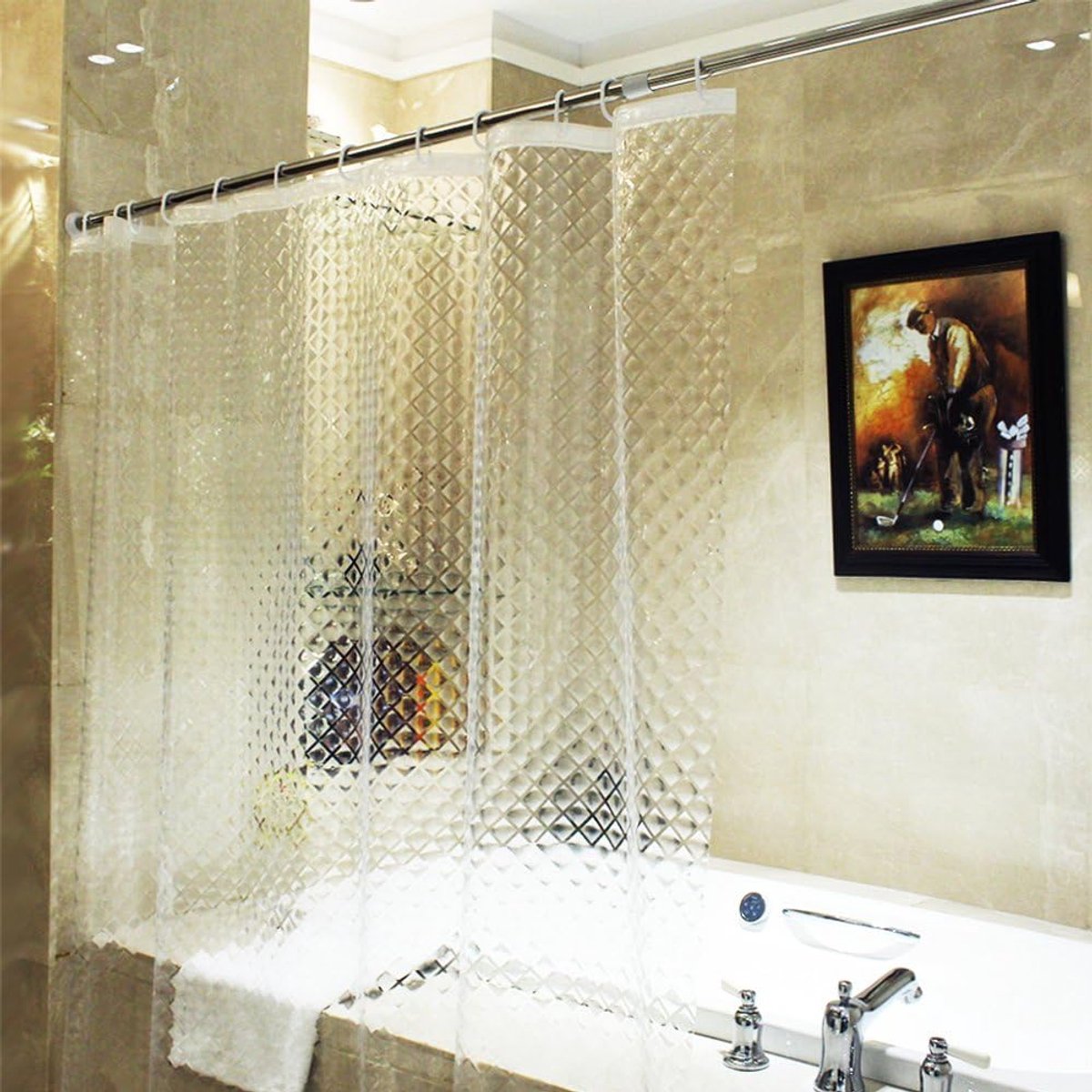 ecooe Douchegordijn 100% EVA Waterdicht Schimmelbestendig 180 x 180 cm, Badgordijn Doorzichtig 3D-Effect，Douchegordijnen Badgordijnen met 12 Ringen voor Douche en Bad