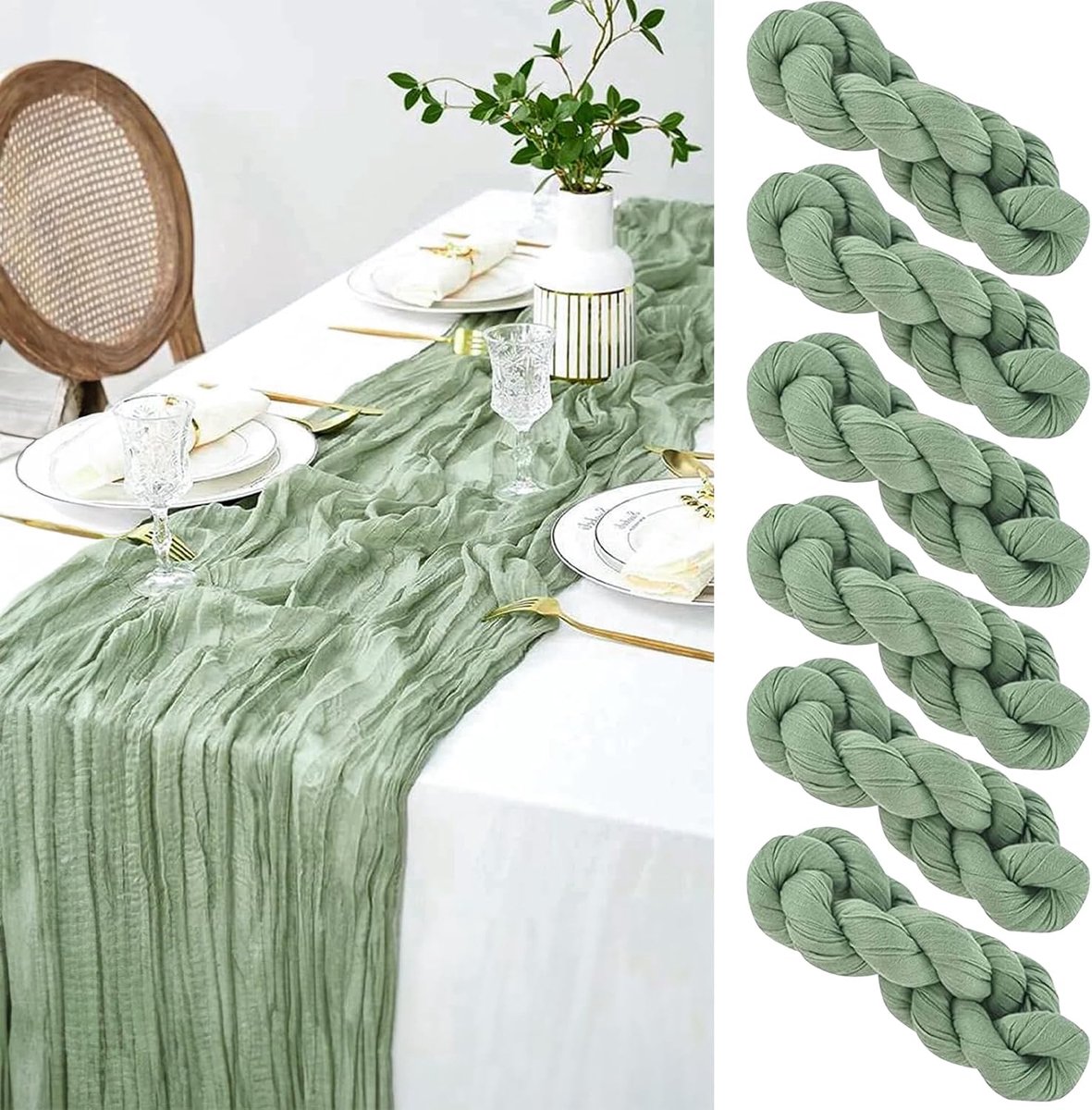 Tafelloper, 90 x 300 cm, 6 stuks, saliegroene tafelloper, moderne elegante tafelloper, groene tafel voor bruiloften, babyfeestjes, communie, sacramenten en verjaardagen, 90 x 300 cm