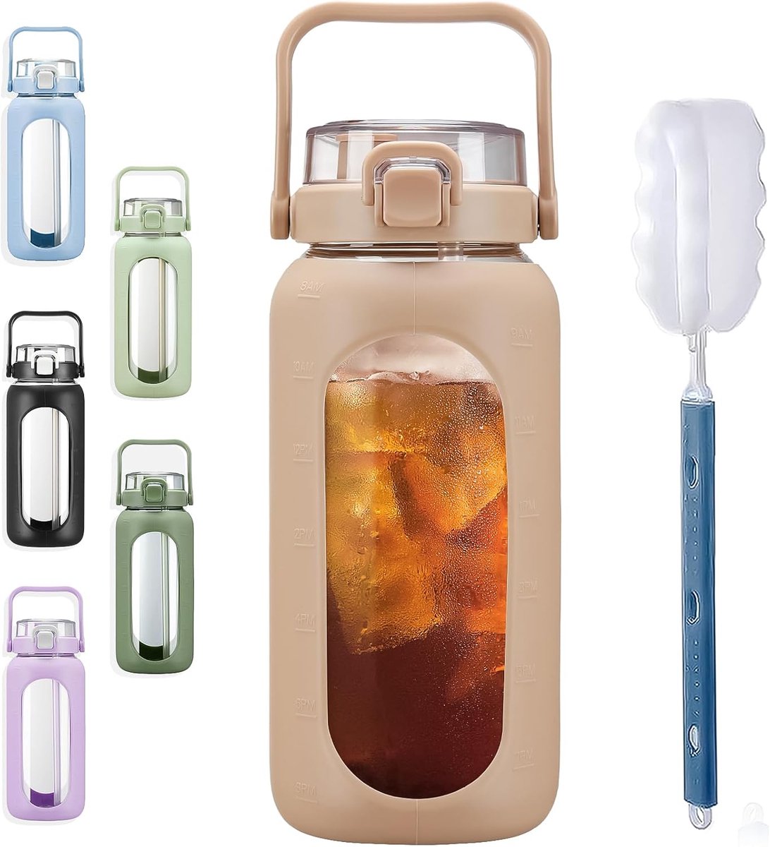 Waterflessen met rietje tijdmarkering, halve gallon grote motiverende waterfles met siliconen hoes 2 liter grote glazen waterkan voor sportschool, sport en training, dagelijks