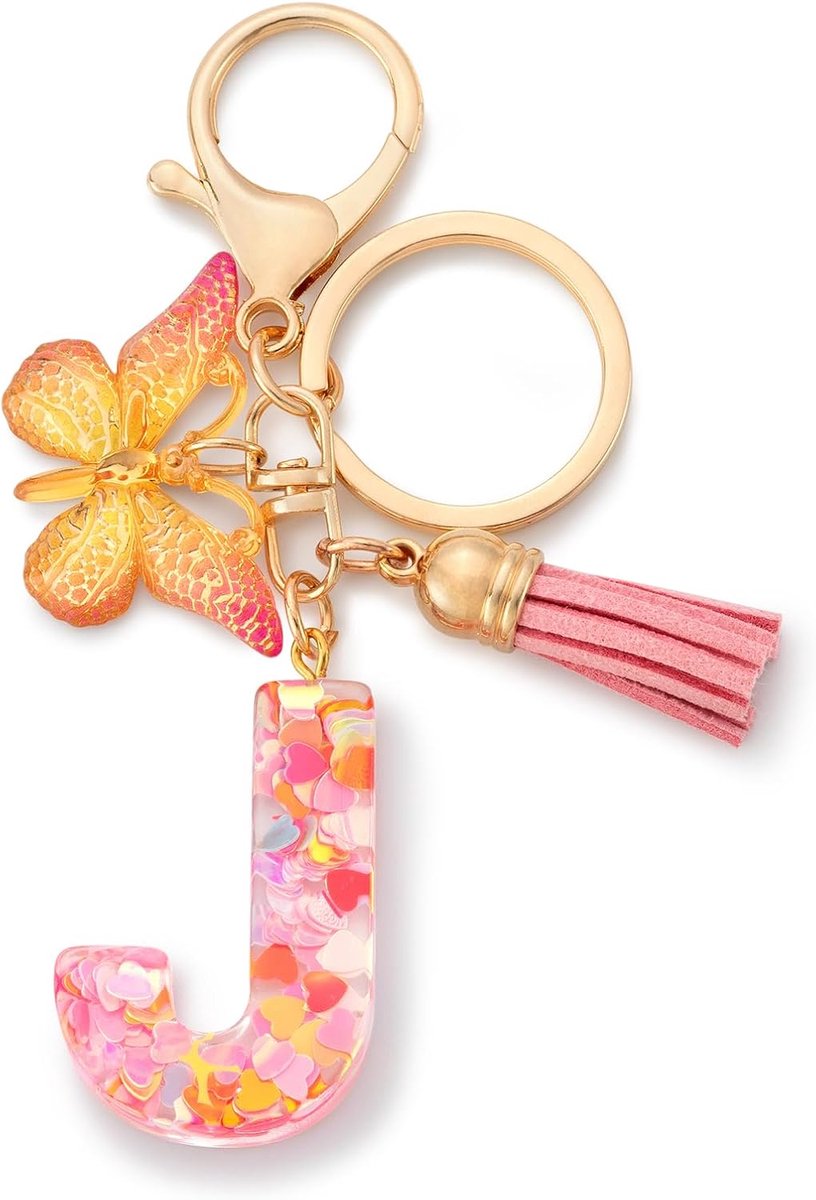 Sleutelhanger letter meisjes sleutelhanger met beginletters vlinder autosleutelhanger voor vrouwen, roze-j, S | Vlinder sleutelhanger met initiële letter voor vrouwen en vrouwen, glinsterend accessoire en cadeau.