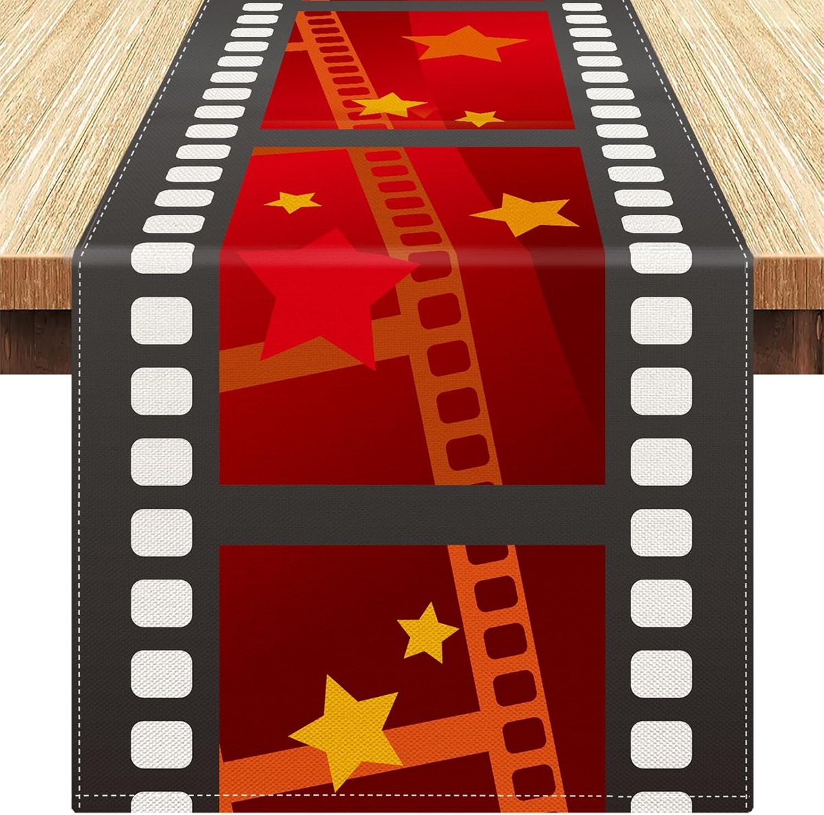 Tafelloper voor filmavond, filmstrepen, filmnacht, rood linnen tafelkleeddecoratie met gouden ster, zwarte randen met wit rooster, voor feestjes met filmthema, 33 x 183 cm