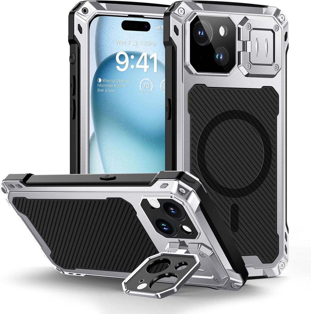 Beschermhoes voor iPhone 15 6.1, metaal, hard, schokbestendig, militair, zilver | Camerabescherming, 9H gehard glas, integraal, onverwoestbaar, bouwplaats, compatibel met draadloos opladen, stofdicht