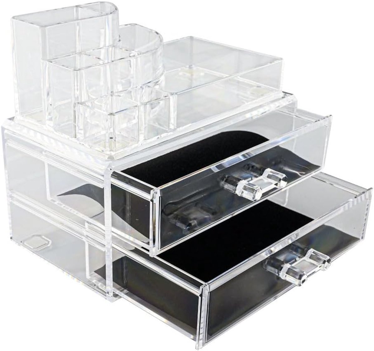up Organizer met 8 Vakken & 2 Schuif Laden - Make-up Organizer Transparant - Sieraden Makeup Cosmetica Opbergsysteem - Display Houder voor Lippenstift / Nagellak / Brushes / Visagie - Make up kwasten / Sieraden etc. - Decopatent