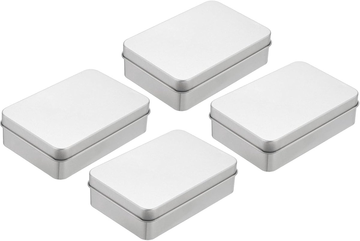 4 stuks metalen blikjes, 10 x 7 x 3 cm, zilver, mini-blikjes met ritssluiting, leeg, rechthoekig, metaal, draagbaar, met deksel voor cadeaupapier, snoepglazen