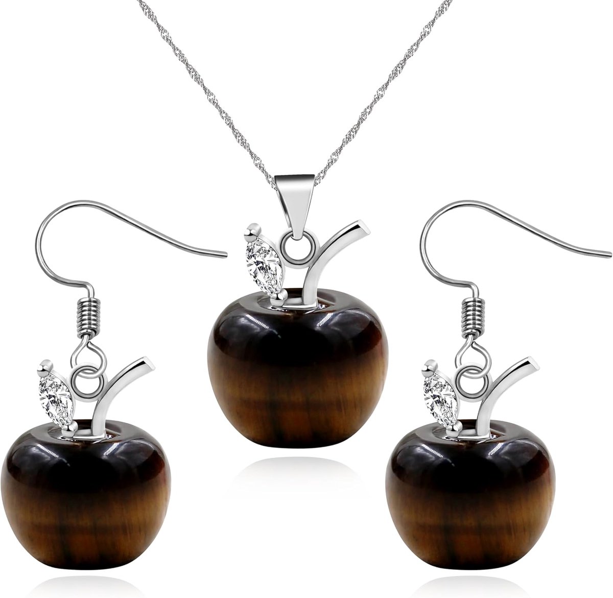 Hanger Ketting en Oorbellen Set voor Vrouwen | Natuurlijke Steen Appelvorm met Zirkonia Blad | Elegante Messing Sieraden voor Thanksgiving YA4030
