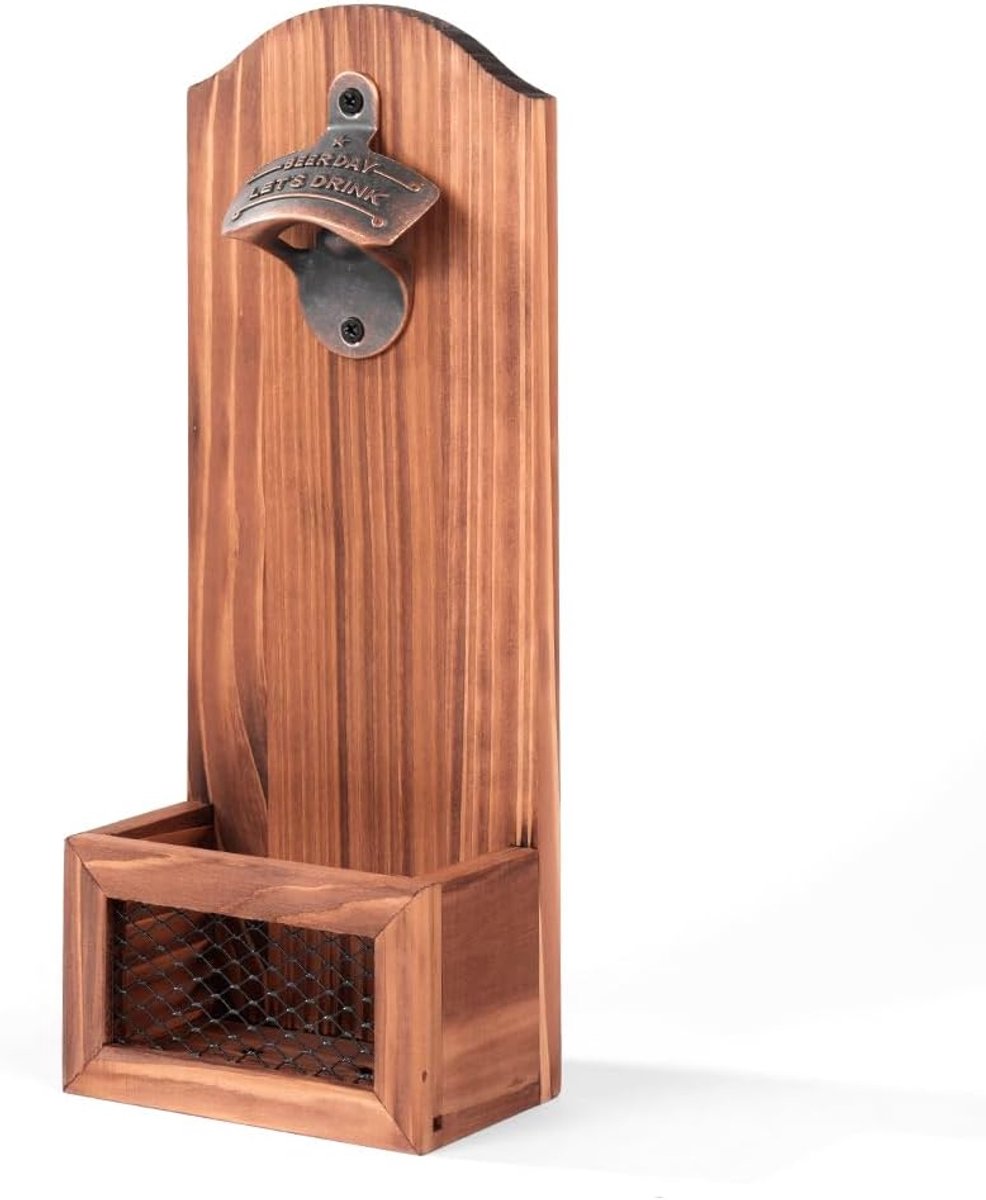Flesopener met Cap Collector Catcher, vintage houten wandgemonteerde flesopener, unieke biercadeaus voor mannen, hem, vader, echtgenoot, vriend, te gebruiken als bar woondecoratie. (Beer Day)