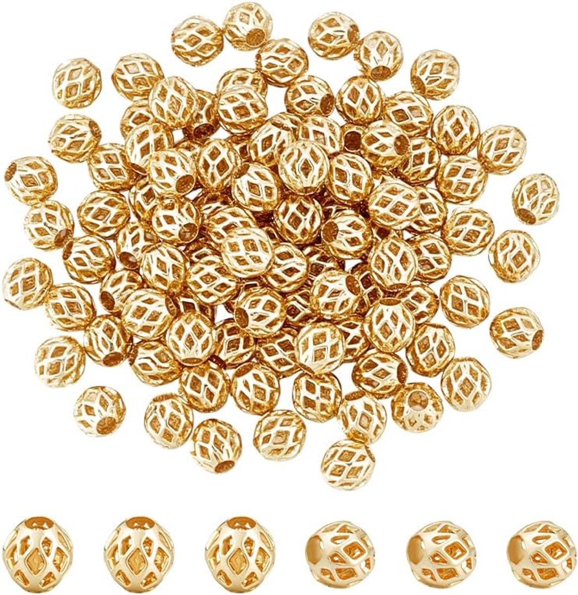 100 stks 6mm Vergulde Messing Holle Kralen Filigraan Holle Bal Metalen Spacer Kralen voor DIY Ketting Charm Armband Sieraden Maken