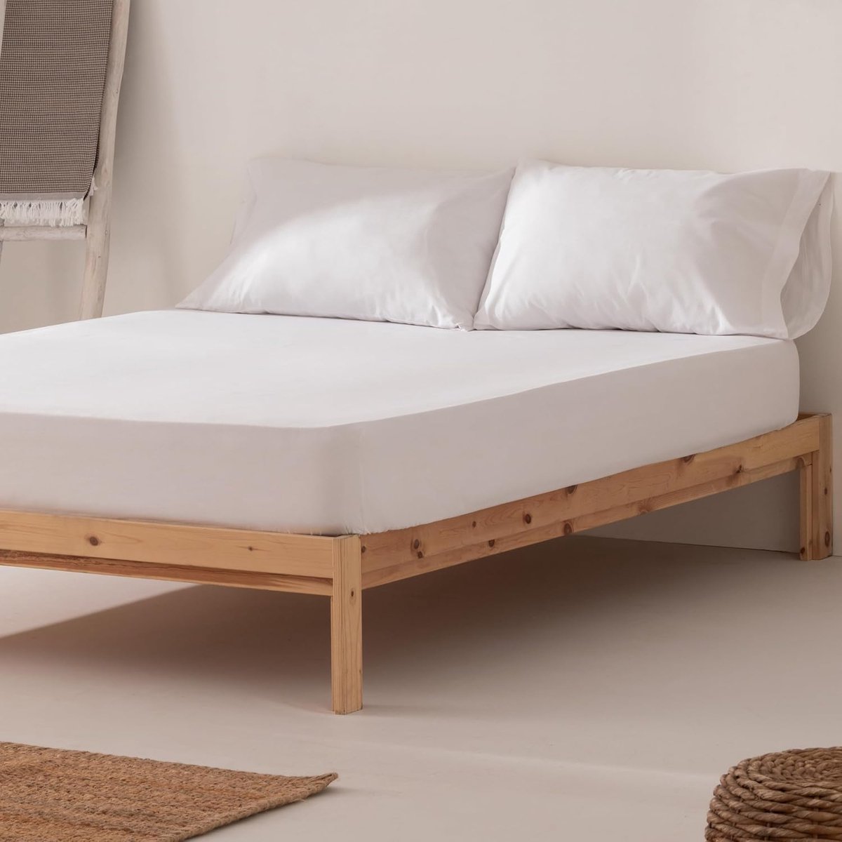 Hoeslaken, 160 x 200 x 30 cm, 100% katoen, ademend, verstelbaar, wit