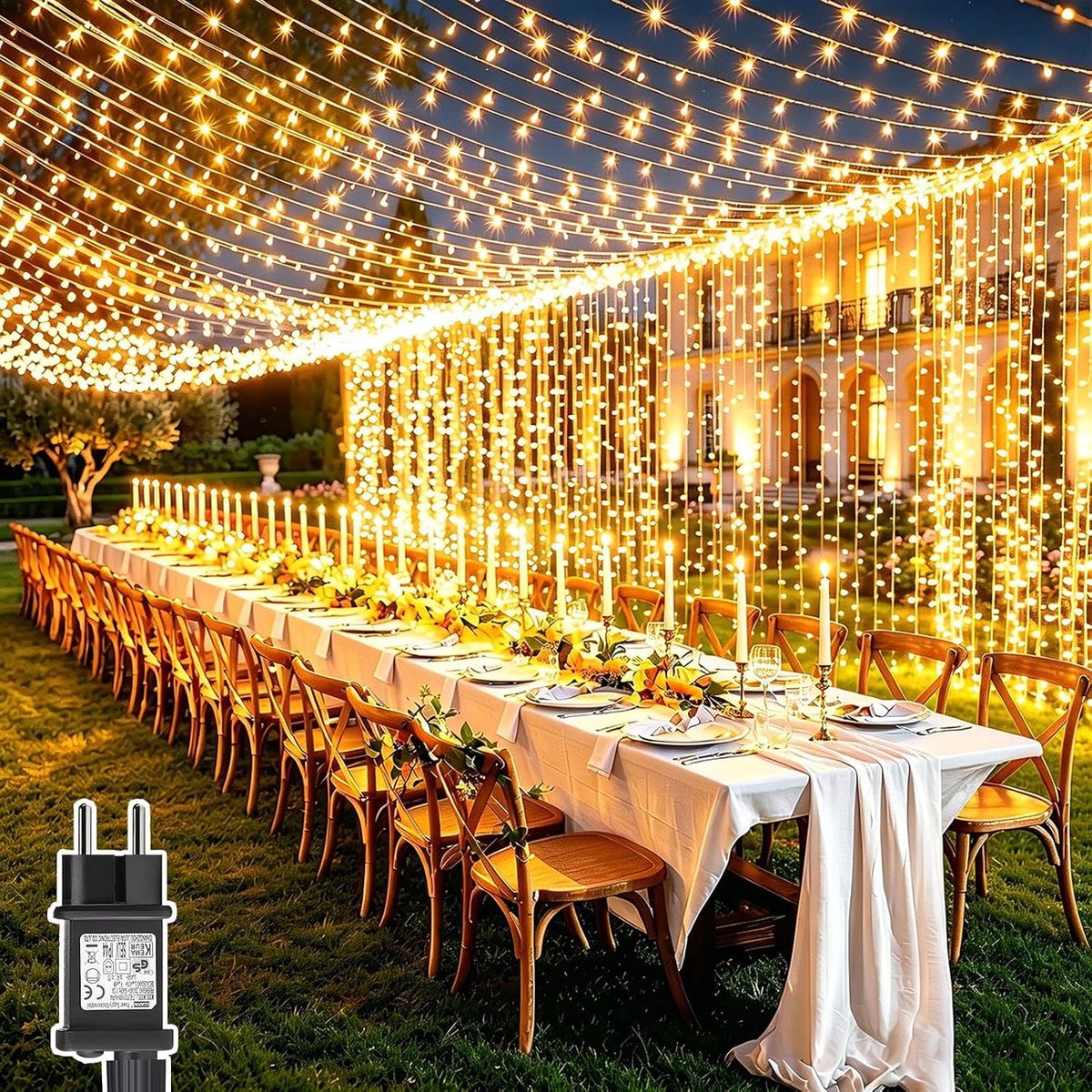 Lichtgordijn voor buiten, 6 m x 3 m, 600 leds, gordijn met stekker, 8 modi, timer, waterdicht, lichtketting, hangend, voor muur, balkon, bruiloft, paviljoen, terrassen, tuin, buitendecoratie