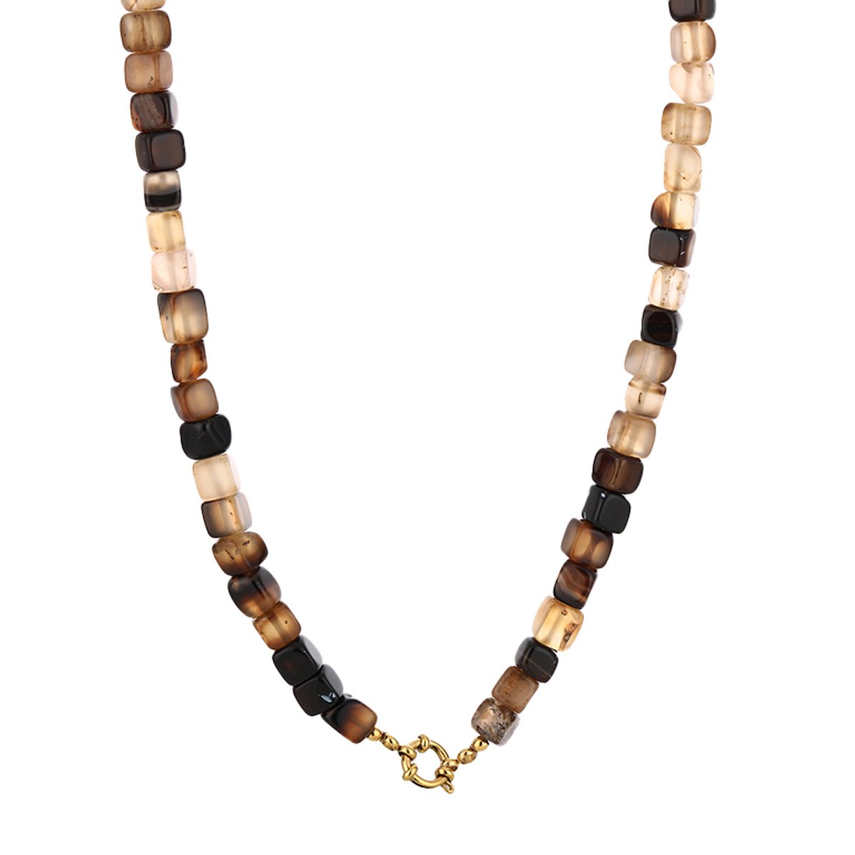 Square Gemstone Bead Necklace – Kralen Ketting – RVS - Bruin