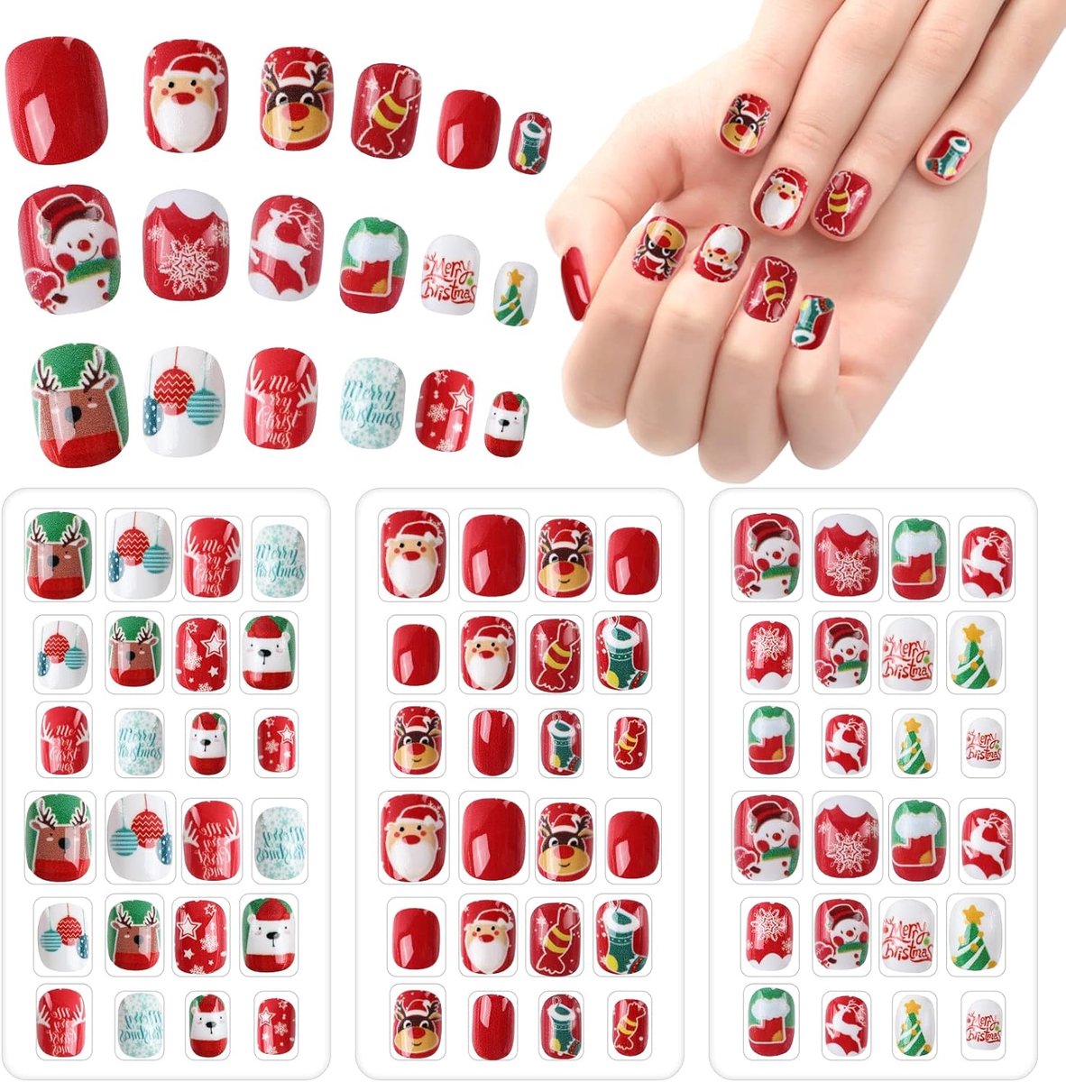 72 Stuks Kerst Kids Valse Nagels, Kinderen Druk op Fake Nail Volledige Cover Korte Kunstmatige Nail Tips Plak Op Nagels Met Voor Meisjes Kids Kerst Nail Art Decoratie