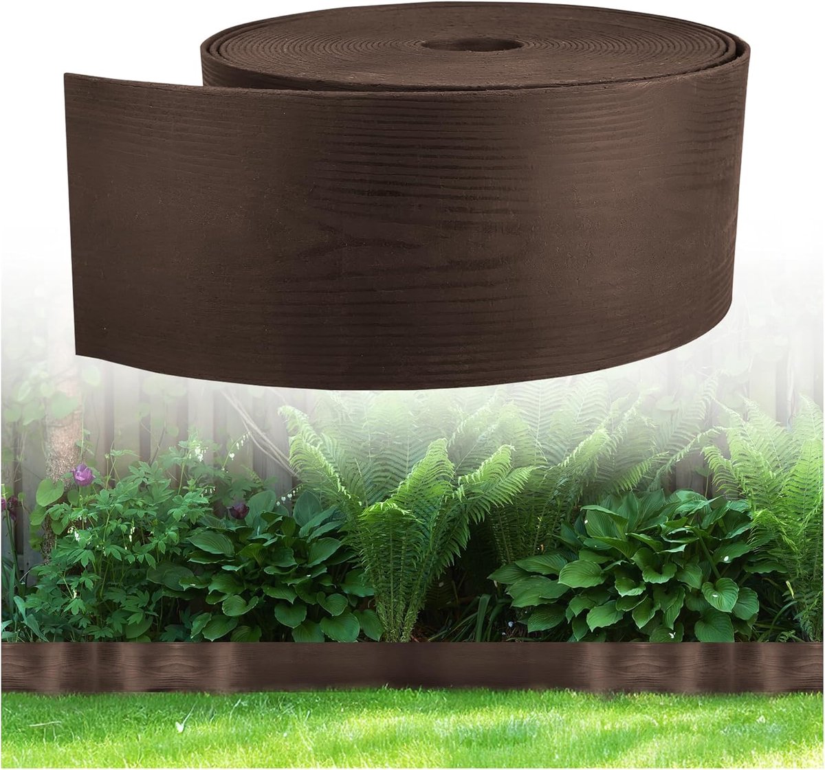 Flexibele houtlook WoodBorder gazonrand perkomranding kunststof lengte 10m, hoogte 8 cm, bruin