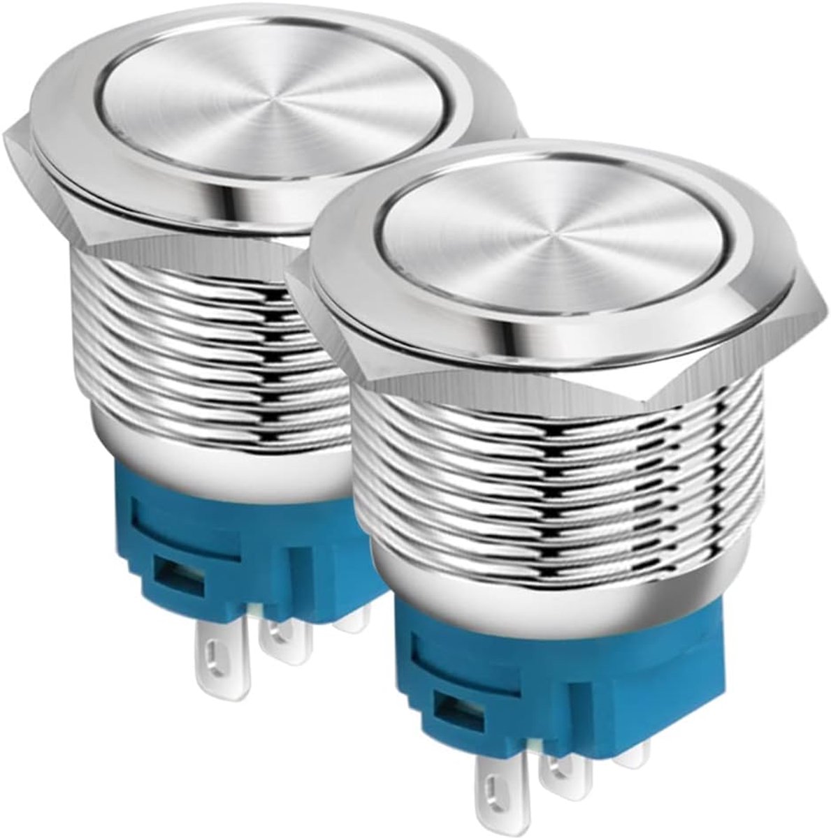 22mm Platte Kop SPDT AAN/UIT Vergrendelende Drukknop Waterdicht, Roestvrij Staal Metalen Drukknopschakelaar, Soldeerpinaansluitingen DC 6V/12V/36V/48V, AC 110V/230V 2A 1NO+1NC