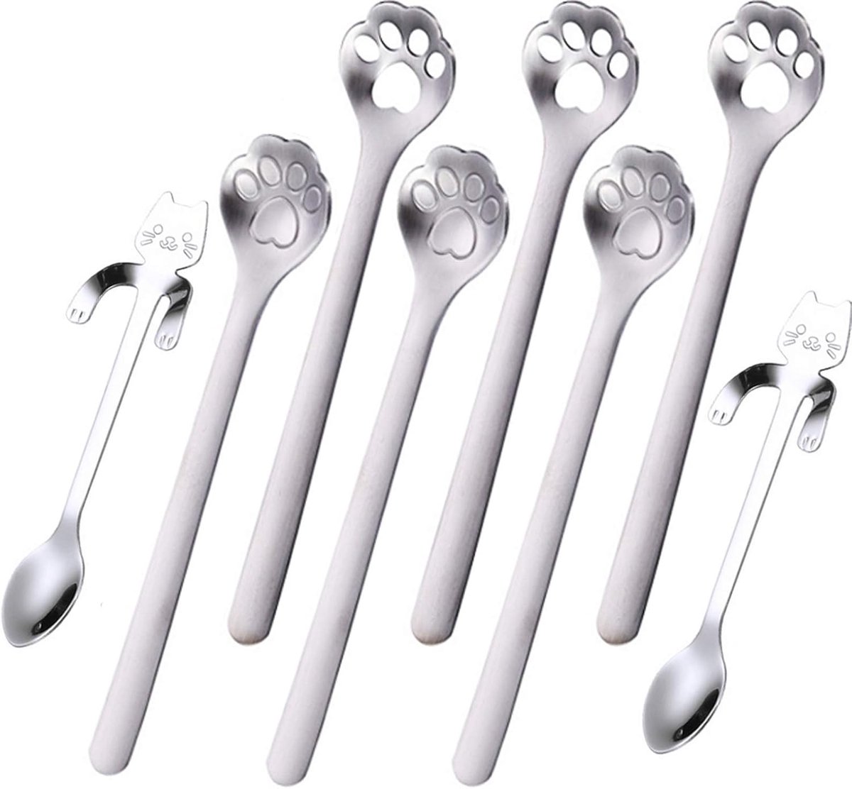 Paw Lepel Koffie Theelepel, PBIEHSR RVS Opknoping Cup Theelepel Twee verschillende lengtes Dessertschep voor Roerdrank Mengen Milkshake Jam, Set van 8 (Zilver)
