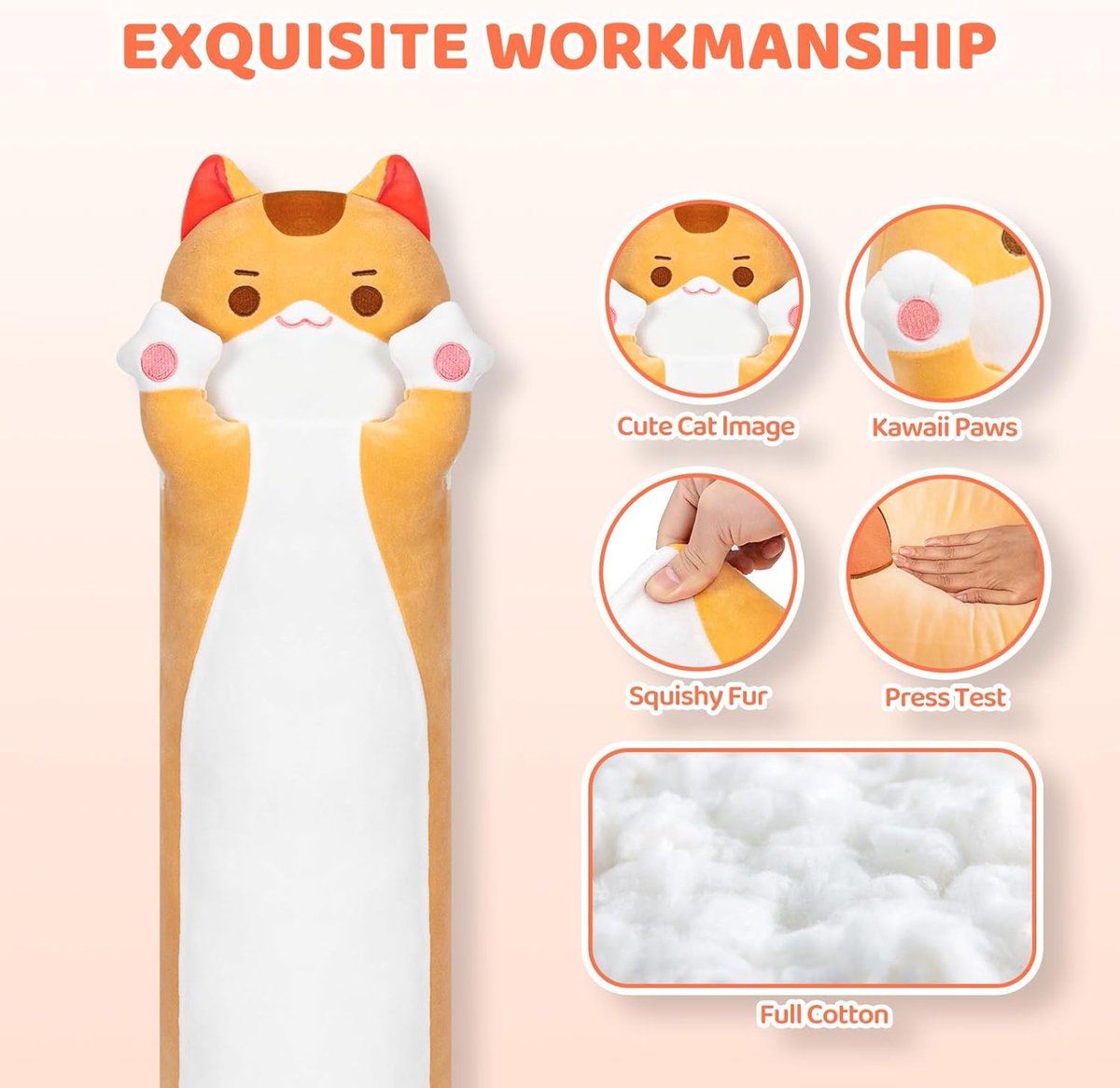Oranje Kat Knuffel 50cm Extra Lange Zachte Pluche Knuffeldier Schattig Speelgoed voor Kinderen Slaapkussen Cadeau