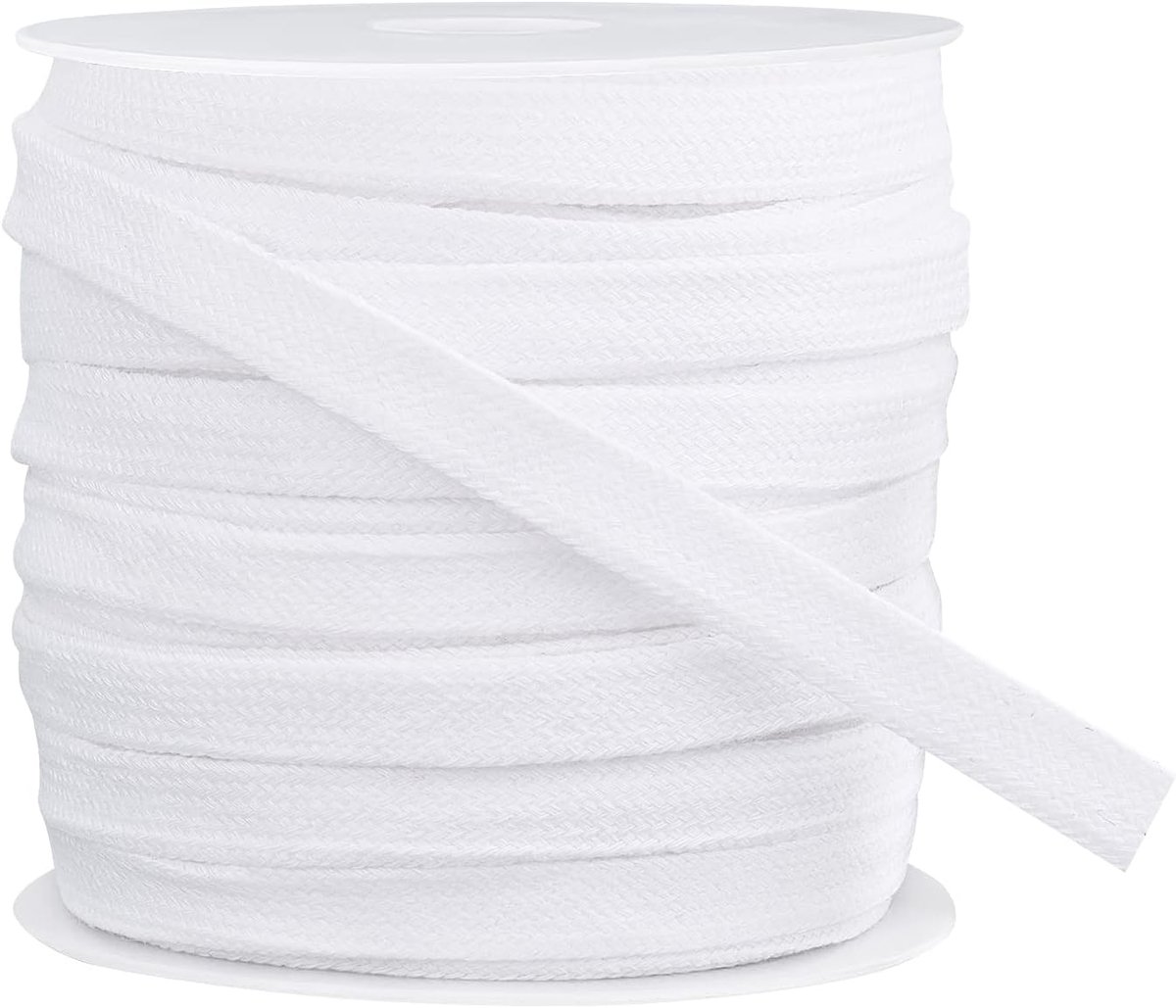 25 m wit plat trekkoord koord, dubbellaags zacht hol katoenen touw voor kledingaccessoires, (11 mm breed)