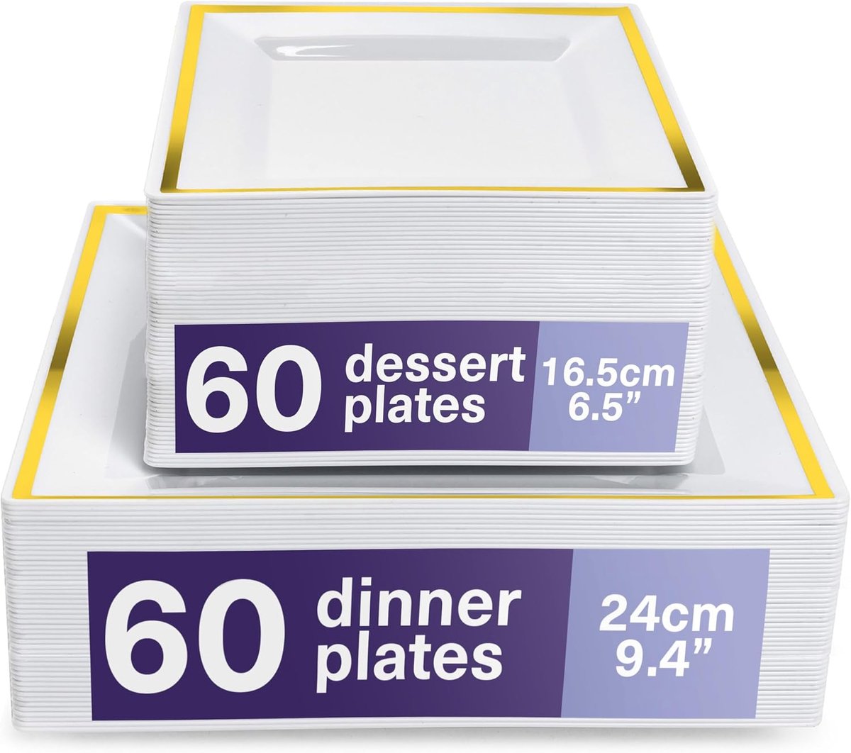 120 premium witte vierkante plastic borden met gouden rand - 60 dinerborden van 24 cm, 60 dessertborden van 16,5 cm - elegante en herbruikbare feestborden voor bruiloften, verjaardagen, BBQ