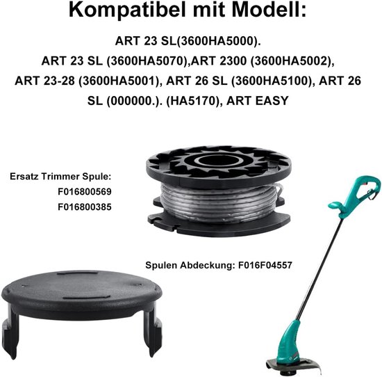 4 stuks grasmaaier draadspoel, F016800569 compatibel met Bosch Φ1,60 mm 4,0 m, accu grasmaaier spoel voor Bosch ART 23 SL/ART 26 SL en 1 vervangende trimmerkap F016F04557 — afbeelding 2
